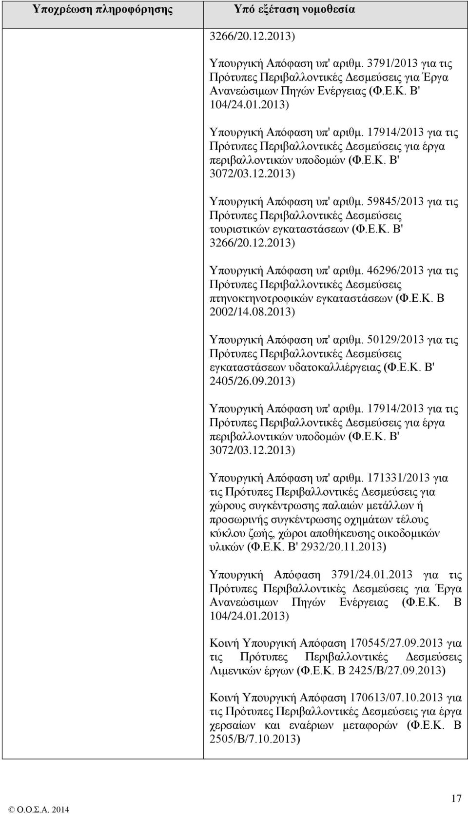 Ε.Κ. Β' 3266/20.12.2013) Υπουργική Απόφαση υπ' αριθμ. 46296/2013 για τις Πρότυπες Περιβαλλοντικές Δεσμεύσεις πτηνοκτηνοτροφικών εγκαταστάσεων (Φ.Ε.Κ. Β 2002/14.08.2013) Υπουργική Απόφαση υπ' αριθμ. 50129/2013 για τις Πρότυπες Περιβαλλοντικές Δεσμεύσεις εγκαταστάσεων υδατοκαλλιέργειας (Φ.