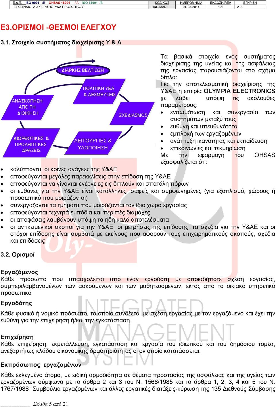 Υ&ΑΕ η εταιρία OLYMPIA ELECTRONICS χει λάβει υπόψη τις ακόλουθες παραμέτρους: ενσωμάτωση και συνεργασία των συστημάτων μεταξύ τους ευθύνη και υπευθυνότητα εμπλοκή των εργαζομένων ανάπτυξη ικανότητας