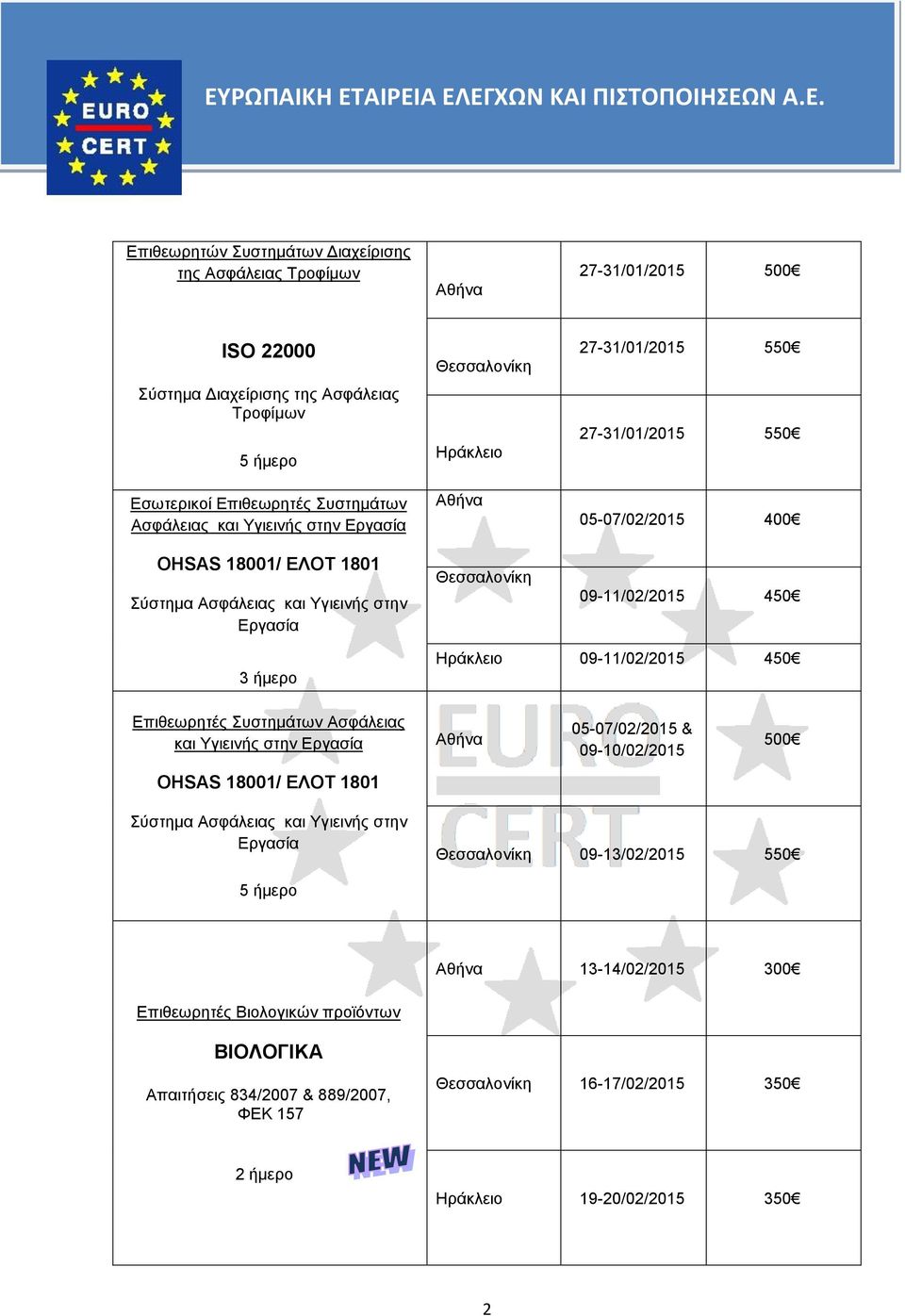 09-11/02/2015 450 Επιθεωρητές Συστημάτων Ασφάλειας και Υγιεινής στην Εργασία 05-07/02/2015 & 09-10/02/2015 500 OHSAS 18001/ ΕΛΟΤ 1801 Σύστημα Ασφάλειας και Υγιεινής στην Εργασία