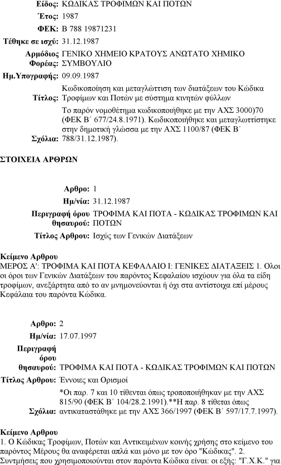 νοµοθέτηµα κωδικοποιήθηκε µε την ΑΧΣ 3000)70 (ΦΕΚ Β 677/24.8.1971). Κωδικοποιήθηκε και µεταγλωττίστηκε στην δηµοτική γλώσσα µε την ΑΧΣ 1100/87 (ΦΕΚ Β 788/31.12.1987).