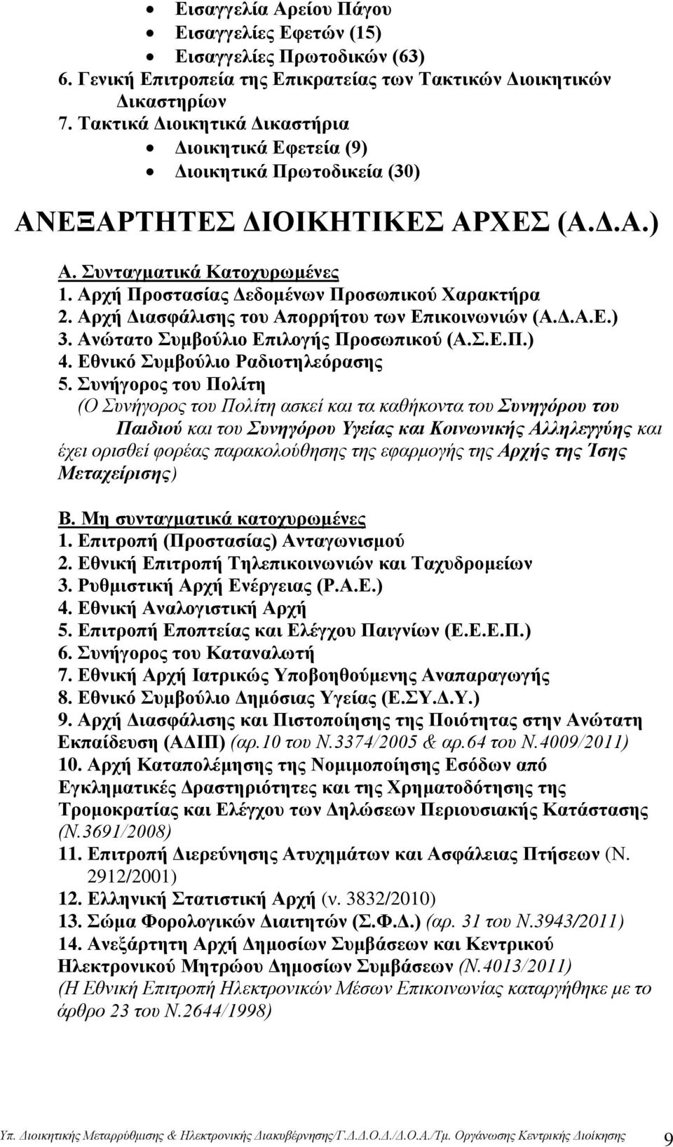 Αρχή Προστασίας Δεδομένων Προσωπικού Χαρακτήρα 2. Αρχή Διασφάλισης του Απορρήτου των Επικοινωνιών (Α.Δ.Α.Ε.) 3. Ανώτατο Συμβούλιο Επιλογής Προσωπικού (Α.Σ.Ε.Π.) 4. Εθνικό Συμβούλιο Ραδιοτηλεόρασης 5.