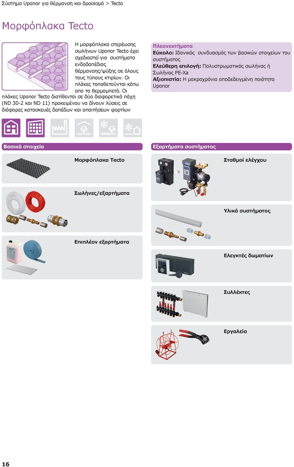 Οι πλάκες Uponor Tecto διατίθενται σε δύο διαφορετικά πάχη (ND 30-2 και ND 11) προκειμένου να δίνουν λύσεις σε διάφορες κατασκευές δαπέδων και απαιτήσεων φορτίων Πλεονεκτήματα Εύκολο: