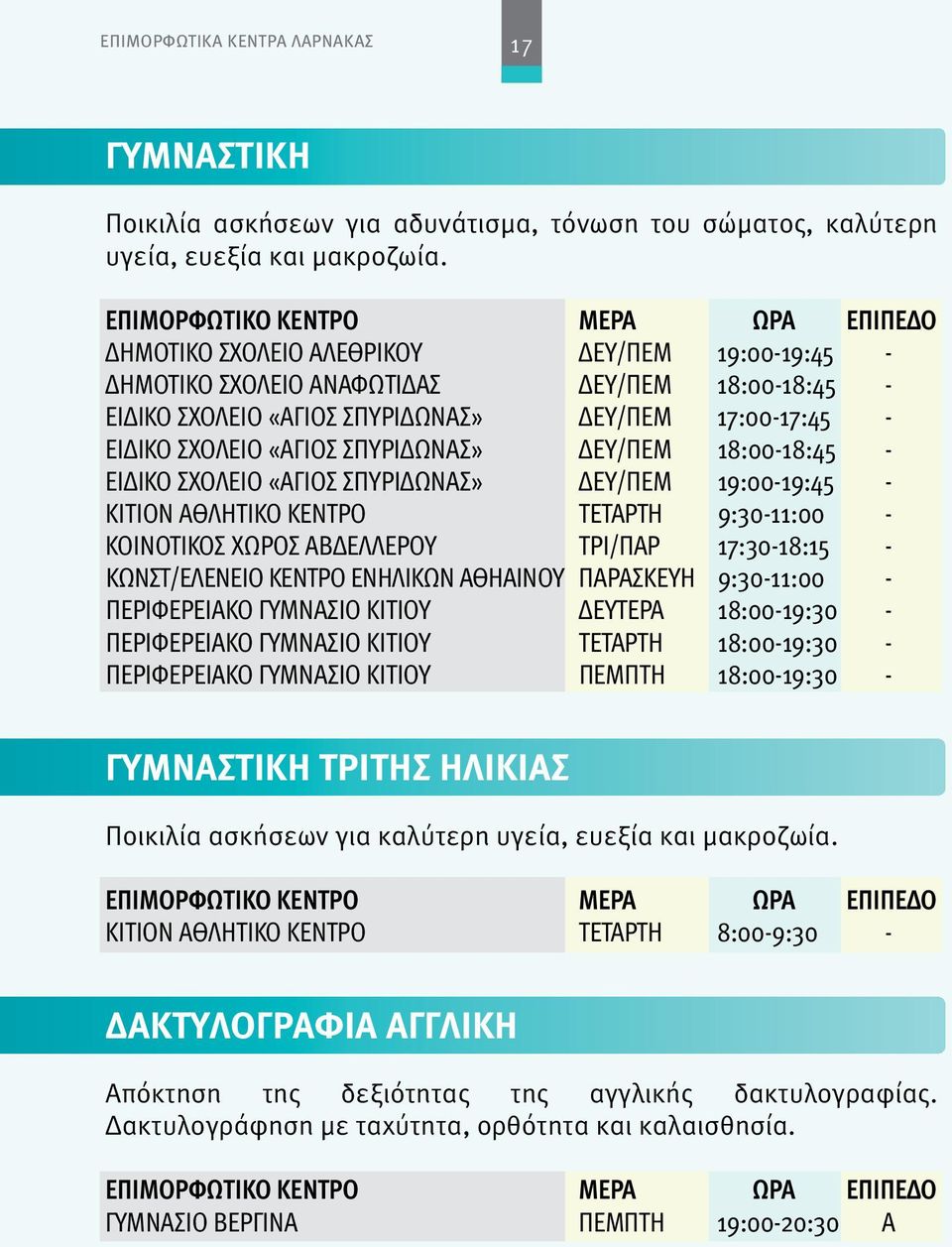 18:00-18:45 - ΕΙΔΙΚΟ ΣΧΟΛΕΙΟ «ΑΓΙΟΣ ΣΠΥΡΙΔΩΝΑΣ» ΔΕΥ/ΠΕΜ 19:00-19:45 - ΚΙΤΙΟΝ ΑΘΛΗΤΙΚΟ ΚΕΝΤΡΟ ΤΕΤΑΡΤΗ 9:30-11:00 - ΚΟΙΝΟΤΙΚΟΣ ΧΩΡΟΣ ΑΒΔΕΛΛΕΡΟΥ ΤΡΙ/ΠΑΡ 17:30-18:15 - ΚΩΝΣΤ/ΕΛΕΝΕΙΟ ΚΕΝΤΡΟ ΕΝΗΛΙΚΩΝ