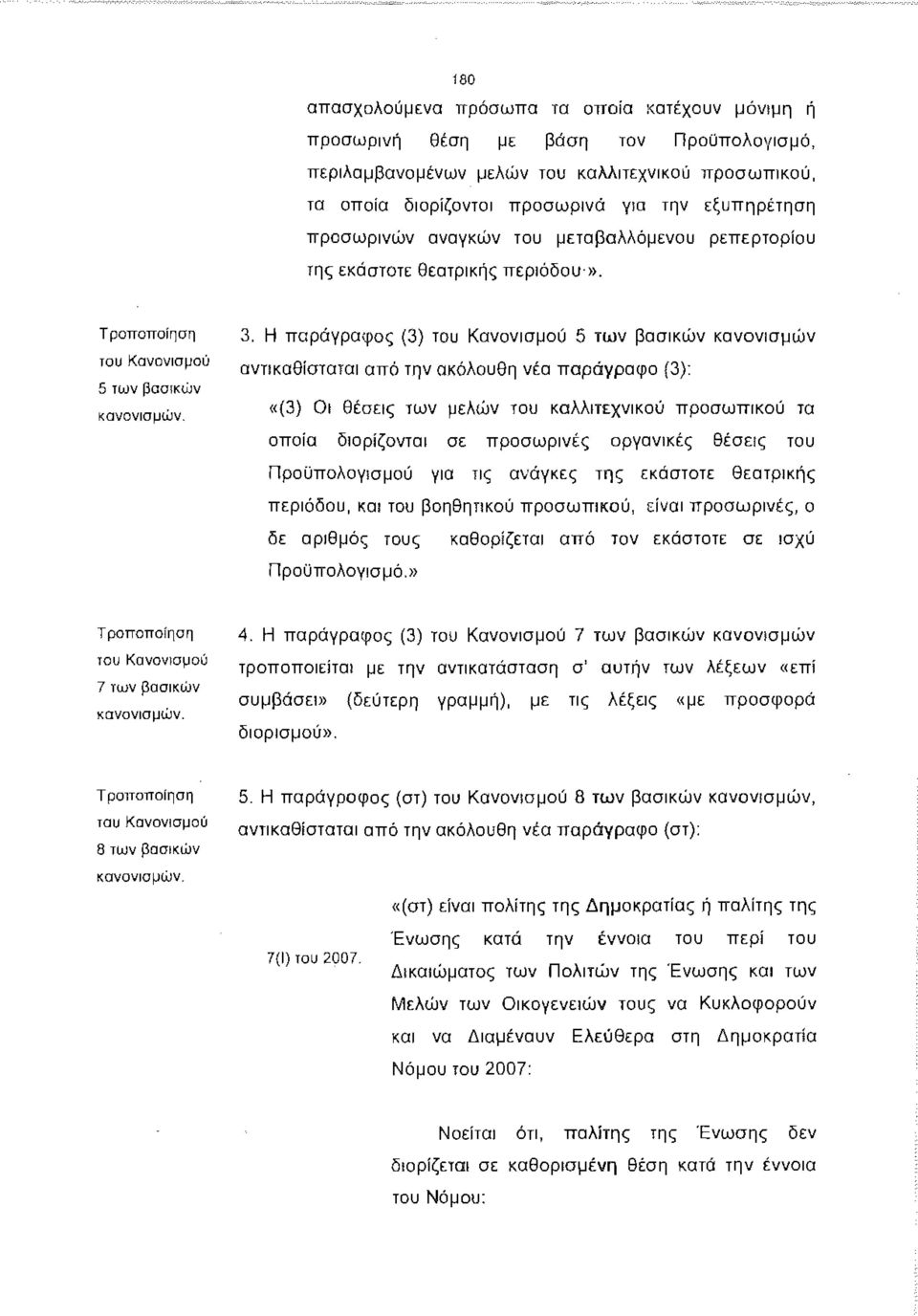 Η παράγραφος (3) του Κανονισμού 5 των βασικών κανονισμών αντικαθίσταται από την ακόλουθη νέα παράγραφο (3): «(3) Οι θέσεις των μελών του καλλιτεχνικού προσωπικού τα οποία διορίζονται σε προσωρινές