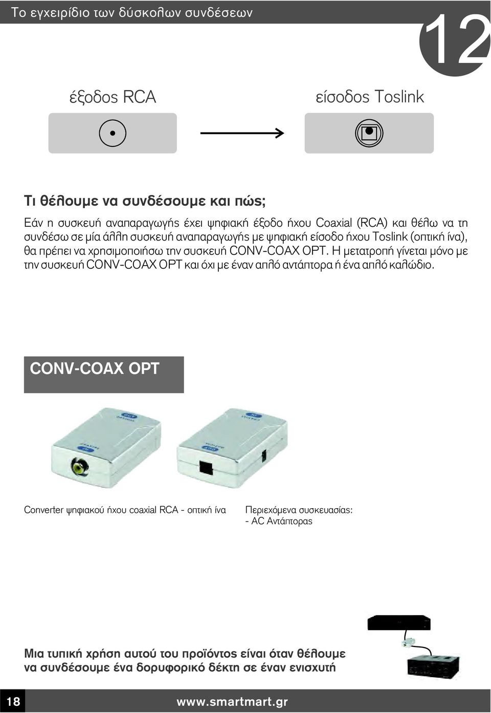 CONV-COAX OPT. Η μετατροπή γίνεται μόνο με την συσκευή CONV-COAX OPT και όχι με έναν απλό αντάπτορα ή ένα απλό καλώδιο.