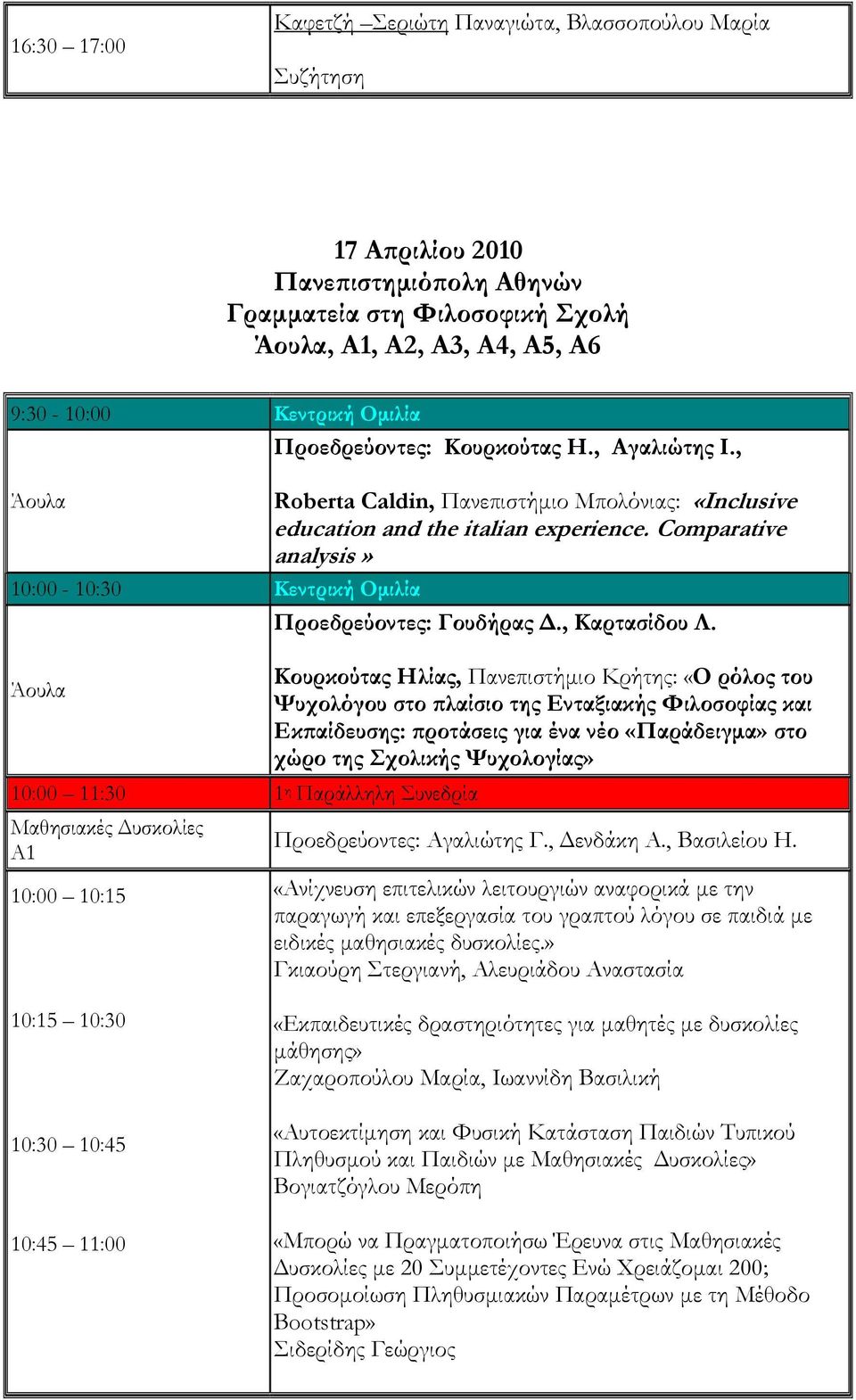 Comparative analysis» 10:00-10:30 Κεντρική Ομιλία Προεδρεύοντες: Γουδήρας Δ., Καρτασίδου Λ.