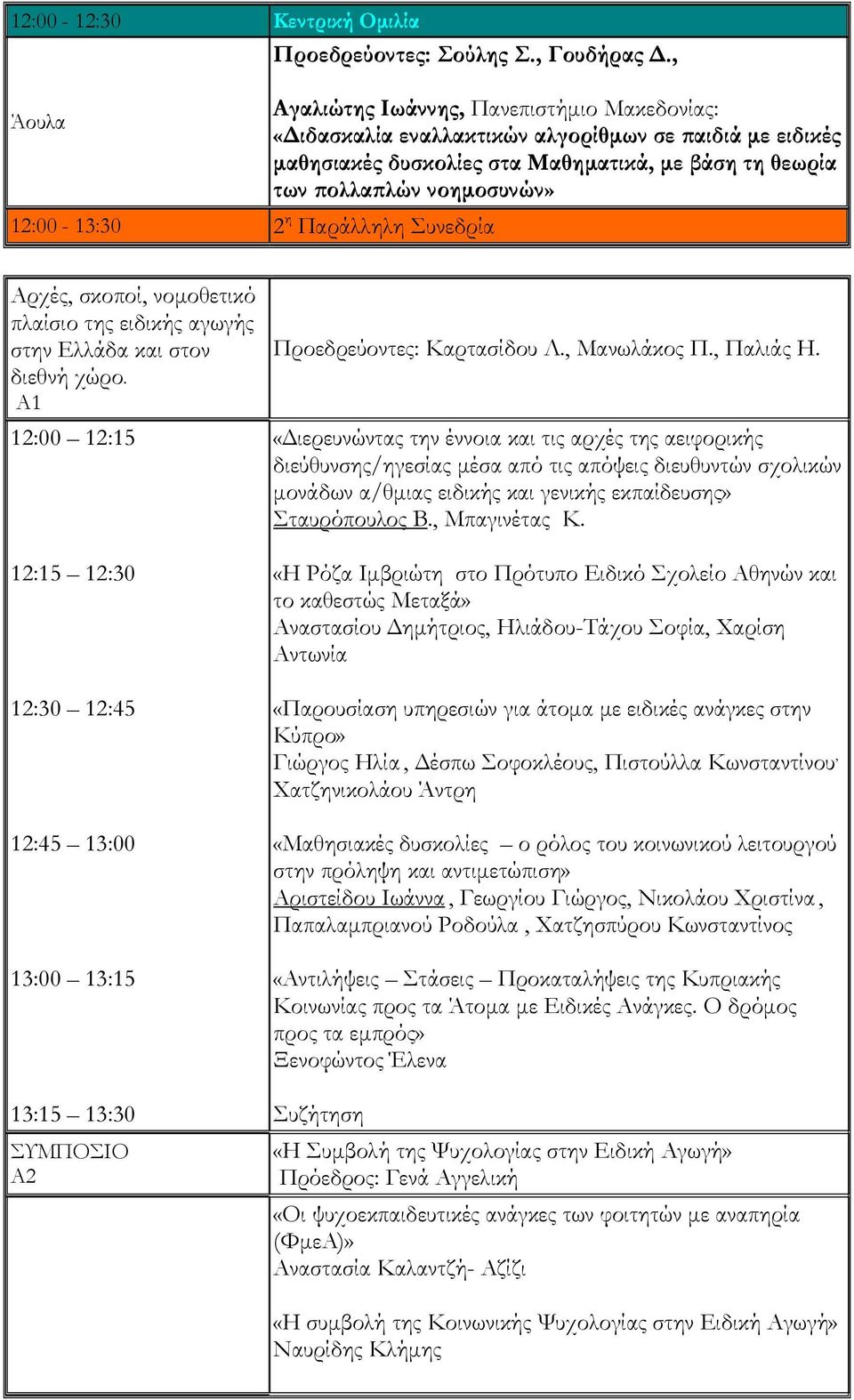 12:00-13:30 2 η Παράλληλη Συνεδρία Αρχές, σκοποί, νομοθετικό πλαίσιο της ειδικής αγωγής στην Ελλάδα και στον διεθνή χώρο.