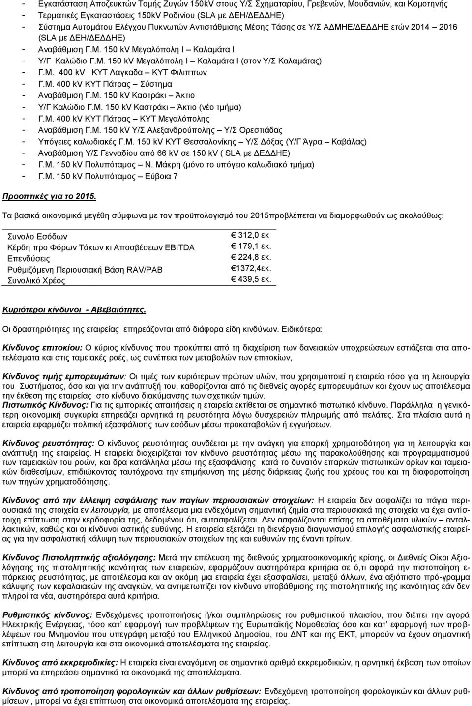 Μ. 400 kv KYT Λαγκαδα ΚΥΤ Φιλιππων - Γ.Μ. 400 kv ΚΥΤ Πάτρας Σύστημα - Αναβάθμιση Γ.Μ. 150 kv Καστράκι Άκτιο - Υ/Γ Καλώδιο Γ.Μ. 150 kv Καστράκι Άκτιο (νέο τμήμα) - Γ.Μ. 400 kv ΚΥΤ Πάτρας ΚΥΤ Μεγαλόπολης - Αναβάθμιση Γ.