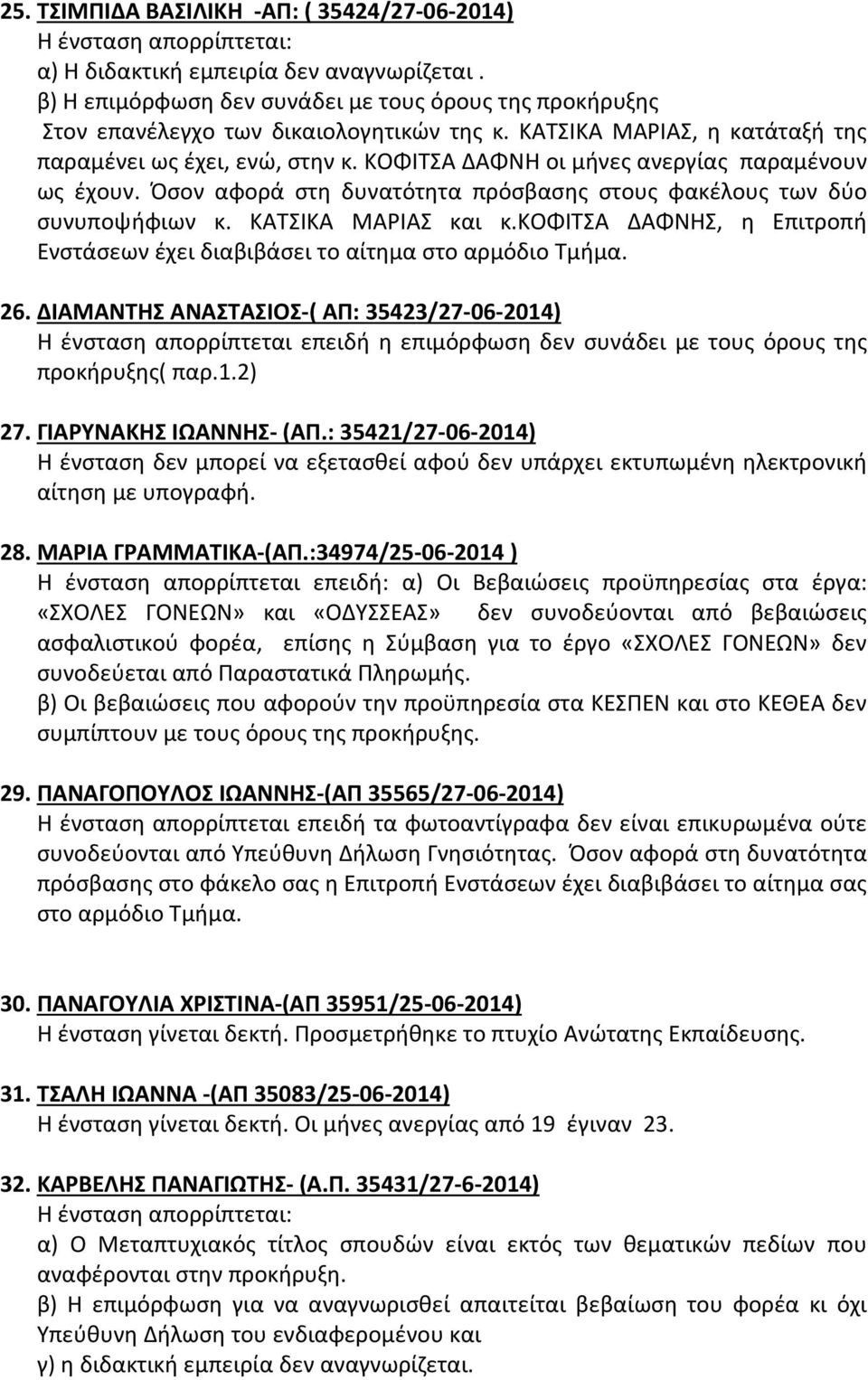 ΚΑΤΣΙΚΑ ΜΑΡΙΑΣ και κ.κοφιτσα ΔΑΦΝΗΣ, η Επιτροπή Ενστάσεων έχει διαβιβάσει το αίτημα στο αρμόδιο Τμήμα. 26.