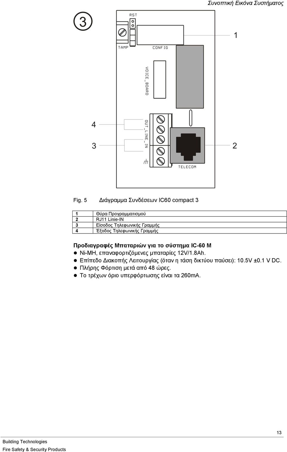 Γραμμής 4 Έξοδος Τηλεφωνικής Γραμμής Προδιαγραφές Μπαταριών για το σύστημα IC-60 M Ni-MH,
