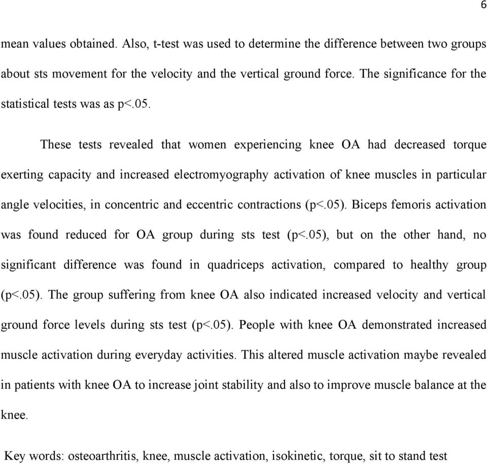 These tests revealed that women experiencing knee OA had decreased torque exerting capacity and increased electromyography activation of knee muscles in particular angle velocities, in concentric and