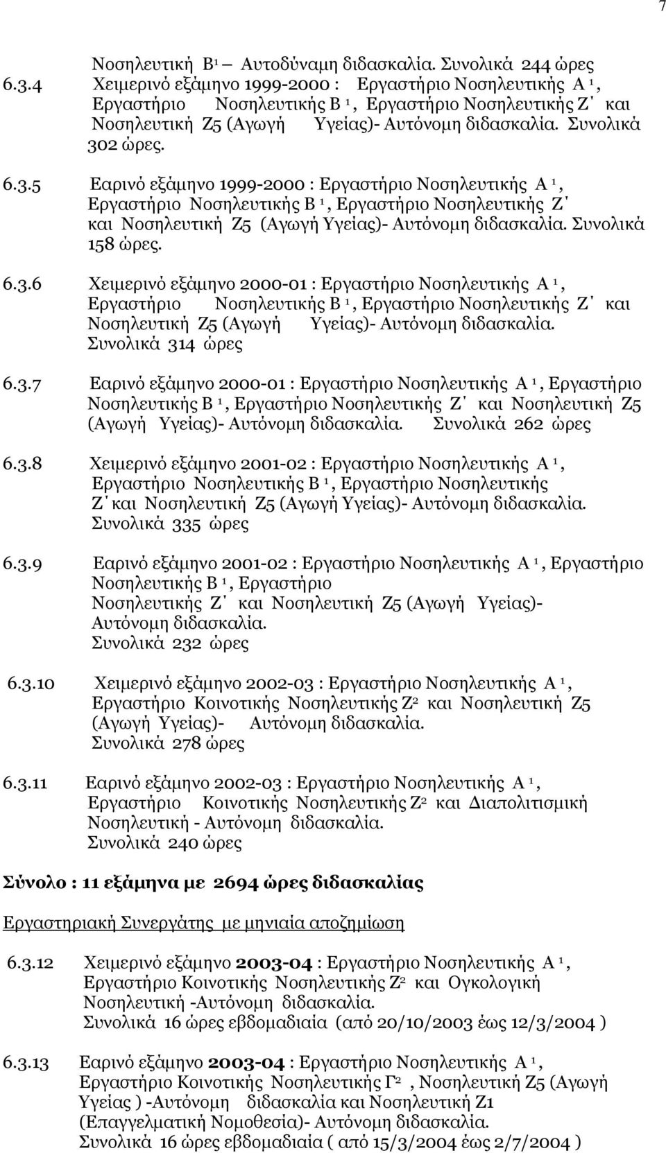 2 ώρες. 6.3.5 Εαρινό εξάμηνο 1999-2000 : Εργαστήριο Νοσηλευτικής Α 1, Εργαστήριο Νοσηλευτικής Β 1, Εργαστήριο Νοσηλευτικής Ζ και Νοσηλευτική Ζ5 (Αγωγή Υγείας)- Αυτόνομη διδασκαλία. Συνολικά 158 ώρες.