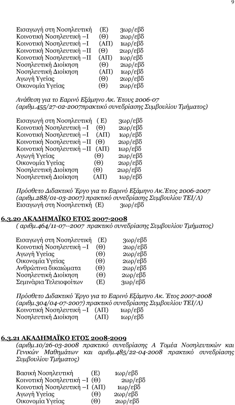 455/27-02-2007πρακτικό συνεδρίασης Συμβουλίου Τμήματος) Εισαγωγή στη Νοσηλευτική ( Ε) 3ωρ/εβδ Κοινοτική Νοσηλευτική Ι (Θ) 2ωρ/εβδ Κοινοτική Νοσηλευτική Ι (ΑΠ) 1ωρ/εβδ Κοινοτική Νοσηλευτική ΙΙ (Θ)