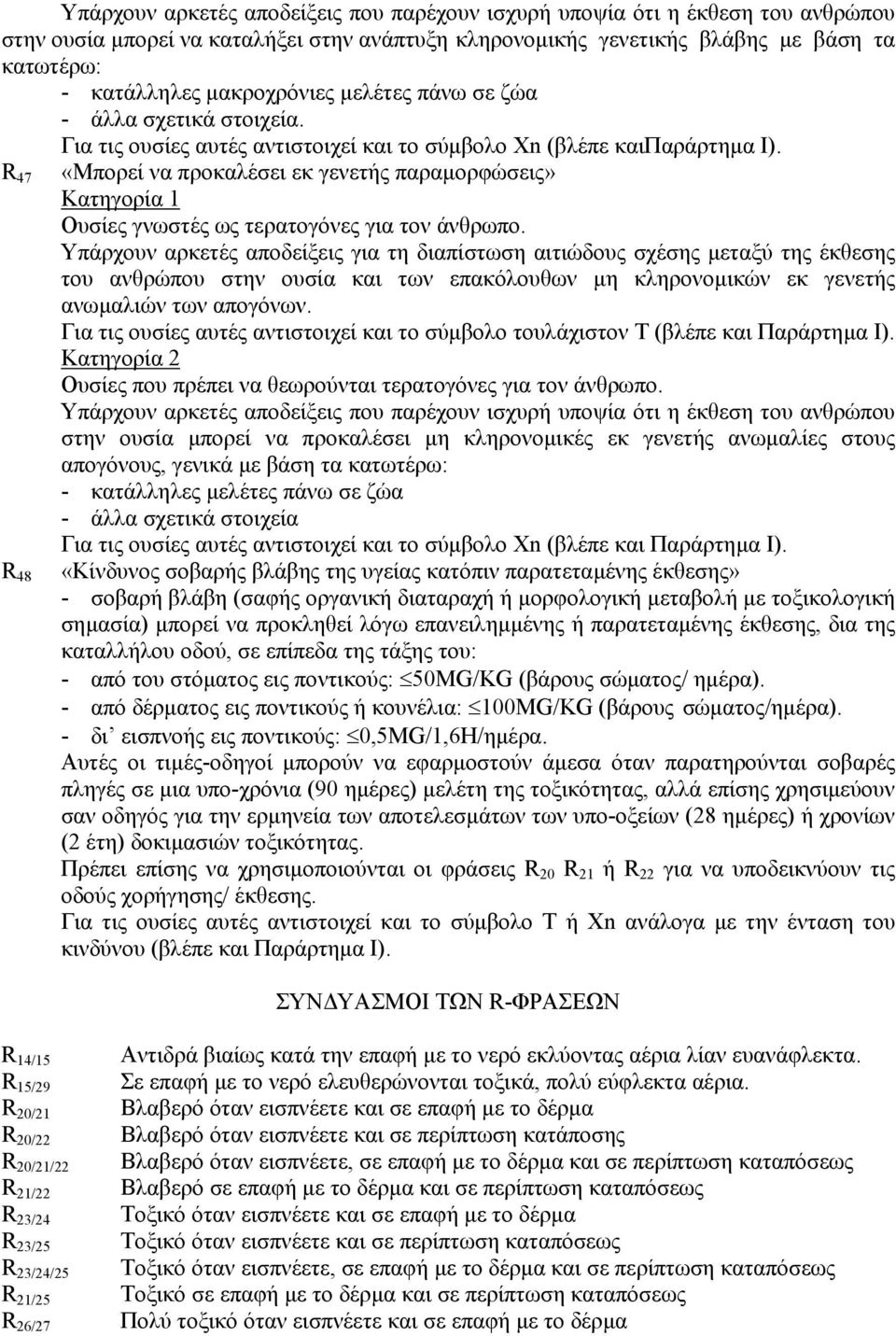 R 47 «Μπορεί να προκαλέσει εκ γενετής παραµορφώσεις» Κατηγορία 1 Ουσίες γνωστές ως τερατογόνες για τον άνθρωπο.