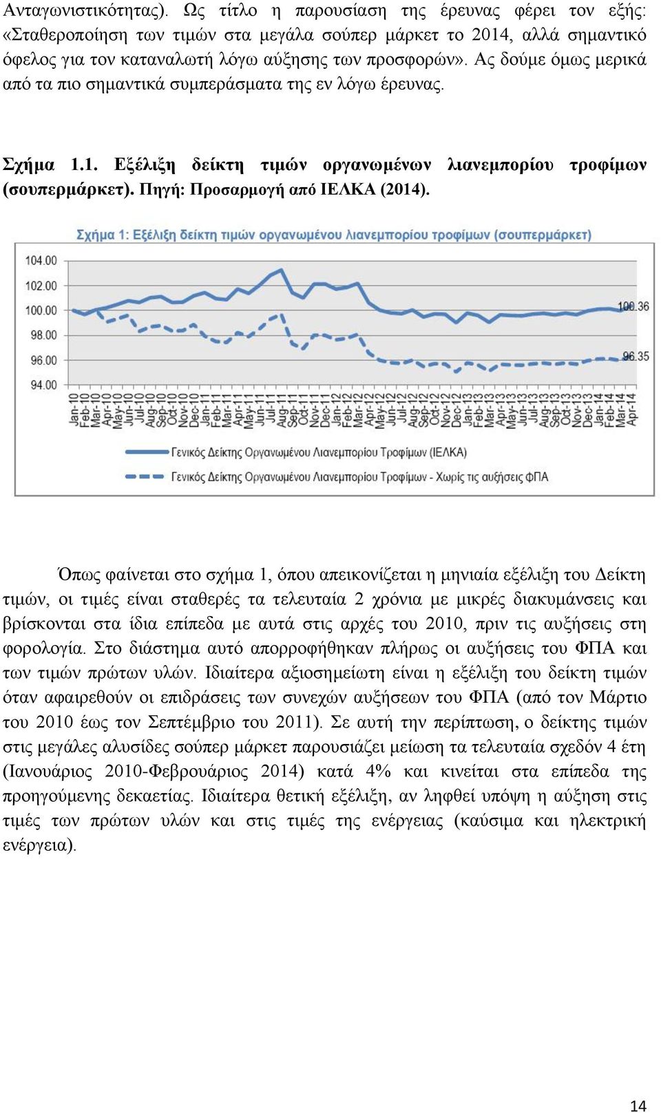 Όπως φαίνεται στο σχήμα 1, όπου απεικονίζεται η μηνιαία εξέλιξη του Δείκτη τιμών, οι τιμές είναι σταθερές τα τελευταία 2 χρόνια με μικρές διακυμάνσεις και βρίσκονται στα ίδια επίπεδα με αυτά στις