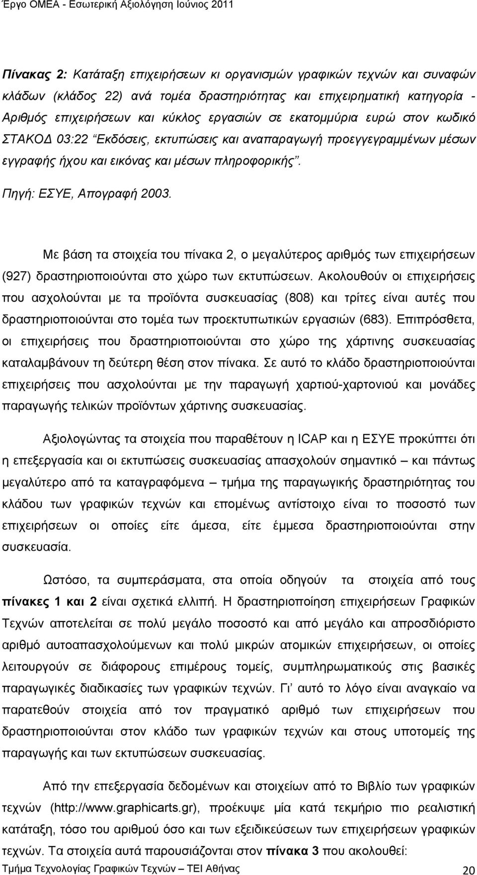 Με βάση τα στοιχεία του πίνακα 2, ο μεγαλύτερος αριθμός των επιχειρήσεων (927) δραστηριοποιούνται στο χώρο των εκτυπώσεων.