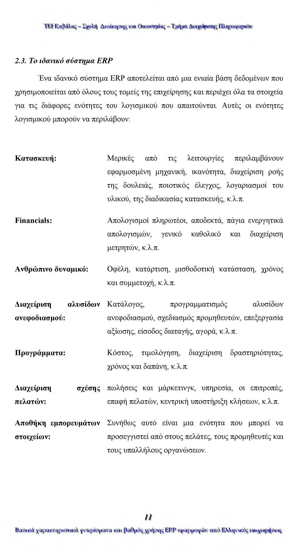 Αυτές οι ενότητες λογισμικού μπορούν να περιλάβουν: Κατασκευή: ερικές από τις λειτουργίες περιλαμβάνουν εφαρμοσμένη μηχανική, ικανότητα, διαχείριση ροής της δουλειάς, ποιοτικός έλεγχος, λογαριασμοί