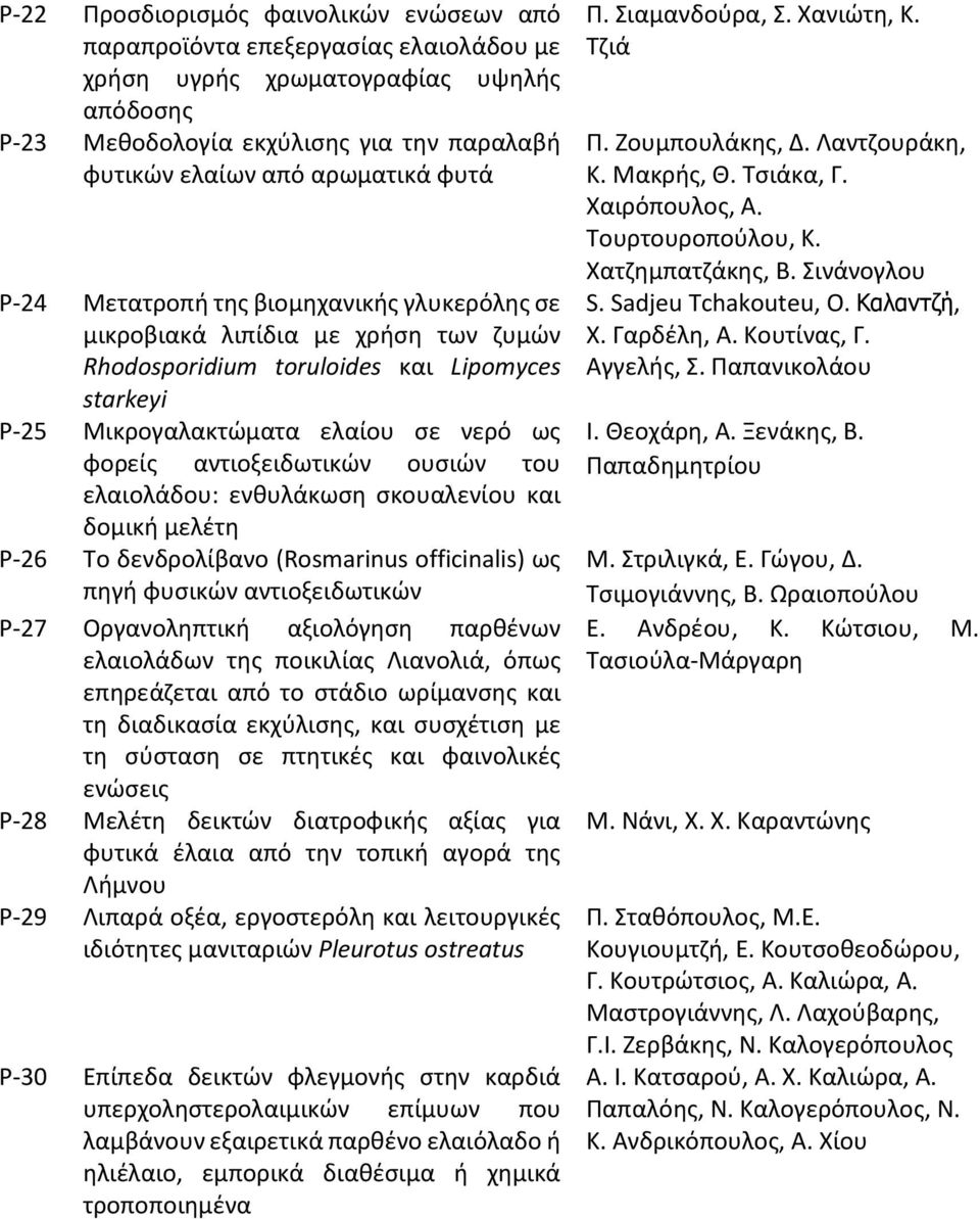 αντιοξειδωτικών ουσιών του ελαιολάδου: ενθυλάκωση σκουαλενίου και δομική μελέτη P-26 Το δενδρολίβανο (Rosmarinus officinalis) ως πηγή φυσικών αντιοξειδωτικών P-27 Οργανοληπτική αξιολόγηση παρθένων