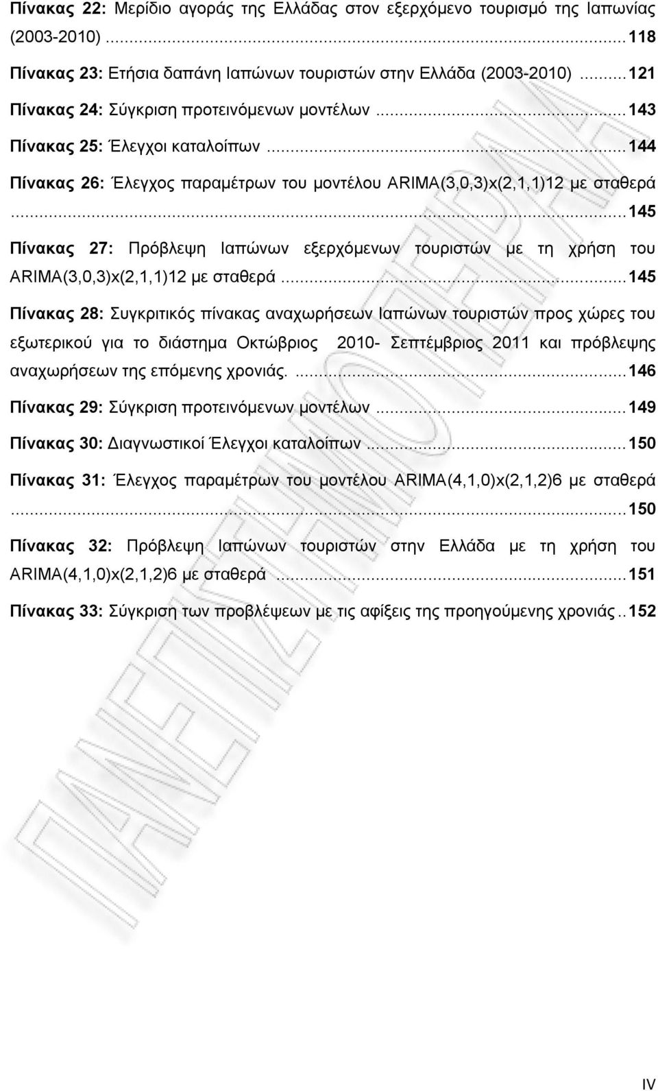 .. 145 Πίνακας 27: Πρόβλεψη Ιαπώνων εξερχόμενων τουριστών με τη χρήση του ARIMA(3,0,3)x(2,1,1)12 με σταθερά.