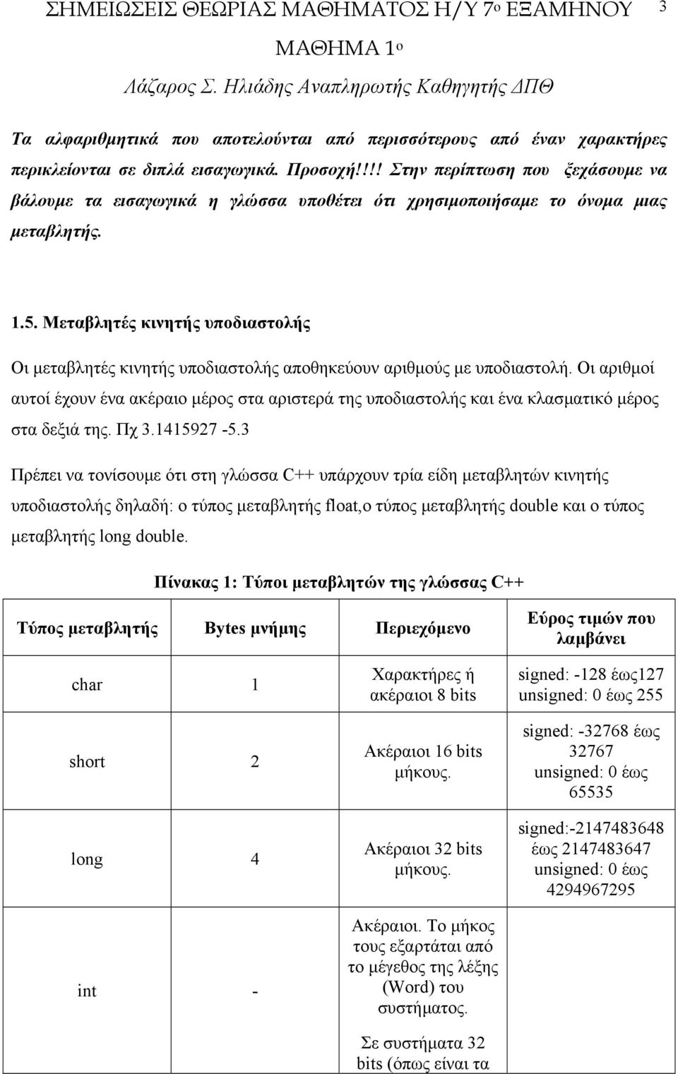 Μεταβλητές κινητής υποδιαστολής Οι µεταβλητές κινητής υποδιαστολής αποθηκεύουν αριθµούς µε υποδιαστολή.