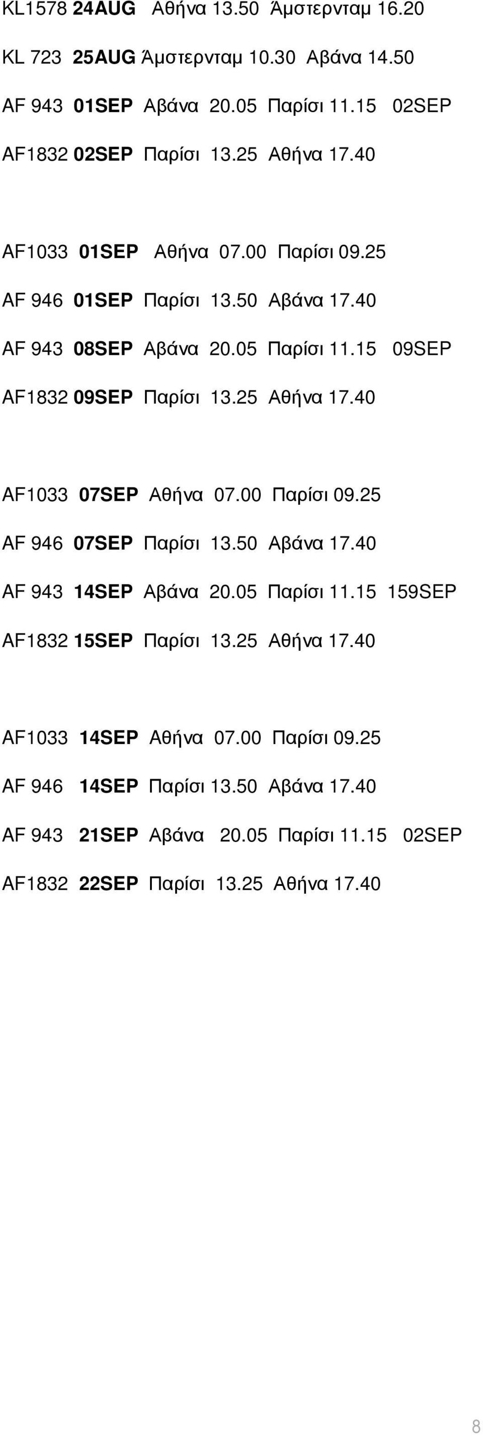 25 Αθήνα 17.40 AF1033 07SEP Αθήνα 07.00 Παρίσι 09.25 AF 946 07SEP Παρίσι 13.50 Αβάνα 17.40 AF 943 14SEP Αβάνα 20.05 Παρίσι 11.15 159SEP AF1832 15SEP Παρίσι 13.