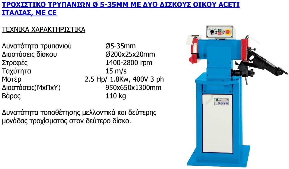 ιαστάσεις(μxπxυ) Βάρος Ø5-35mm Ø200x25x20mm 1400-2800 rpm 15 m/s 2.5 Hp/ 1.