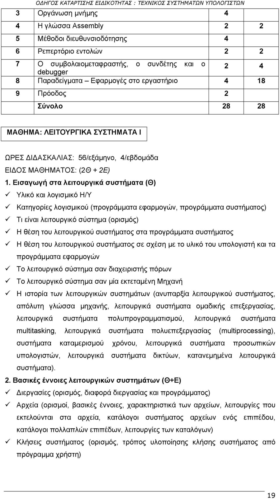 Εισαγωγή στα λειτουργικά συστήματα (Θ) Υλικό και λογισμικό Η/Υ Κατηγορίες λογισμικού (προγράμματα εφαρμογών, προγράμματα συστήματος) Τι είναι λειτουργικό σύστημα (ορισμός) Η θέση του λειτουργικού