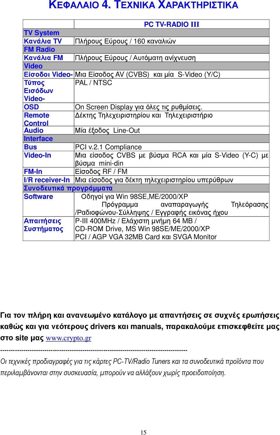 S-Video (Y/C) Τύπος PAL / NTSC Εισόδων Video- OSD On Screen Display για όλες τις ρυθµίσεις. Remote έκτης Τηλεχειριστηρίου και Τηλεχειριστήριο Control Audio Μία έξοδος Line-Out Interface Bus PCI v.2.