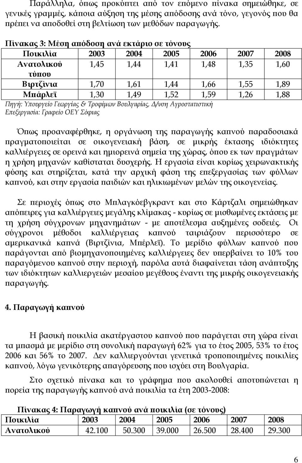 1,26 1,88 Πηγή: Υπουργείο Γεωργίας & Τροφίμων Βουλγαρίας, Δ/νση Αγροστατιστική Όπως προαναφέρθηκε, η οργάνωση της παραγωγής καπνού παραδοσιακά πραγματοποιείται σε οικογενειακή βάση, σε μικρής έκτασης