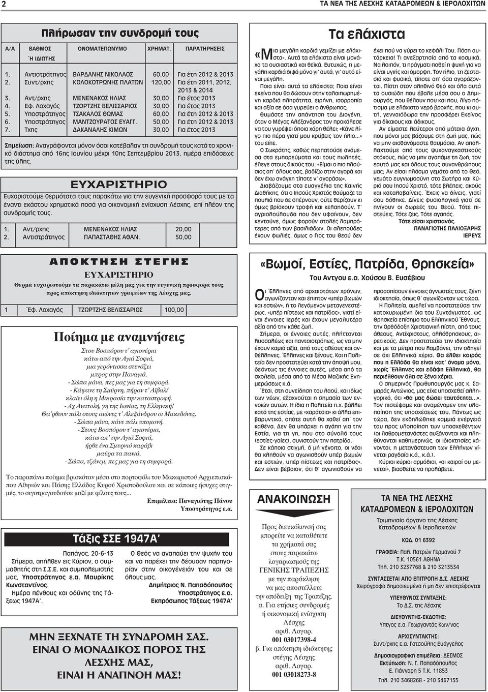 Υποστράτηγος ΤΣΑΚΑΛΟΣ ΘΩΜΑΣ 60,00 Για έτη 2012 & 2013 6. Υποστράτηγος ΜΑΝΤΖΟΥΡΑΤΟΣ ΕΥΑΓΓ. 50,00 Για έτη 2012 & 2013 7.