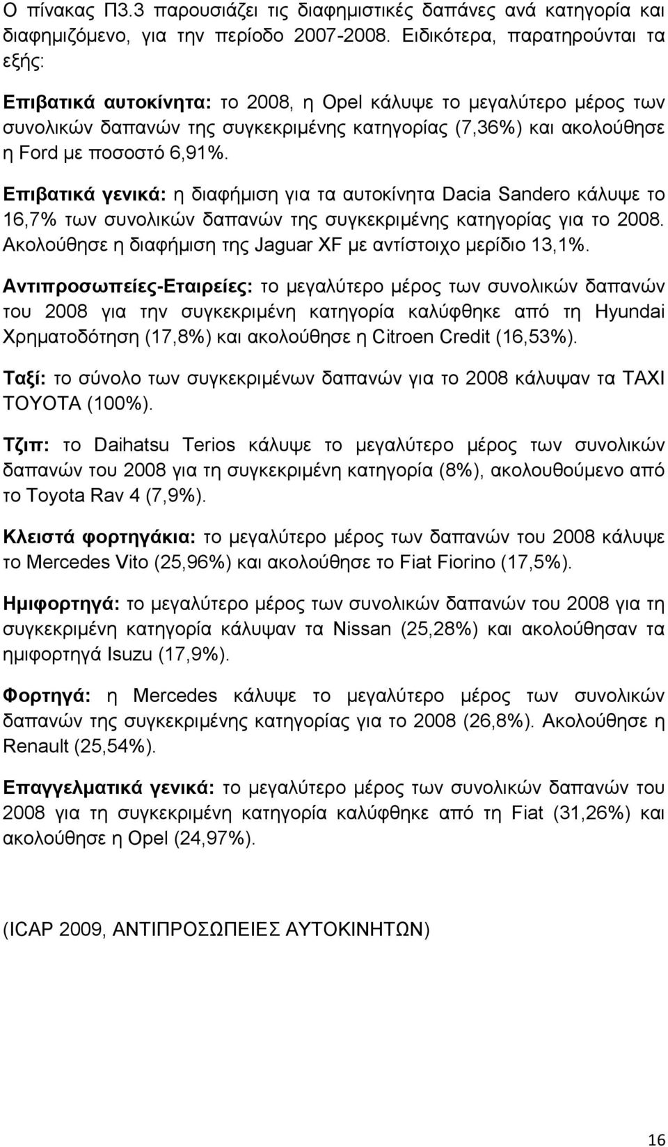 Επιβατικά γενικά: η διαφήμιση για τα αυτοκίνητα Dacia Sandero κάλυψε το 16,7% των συνολικών δαπανών της συγκεκριμένης κατηγορίας για το 2008.