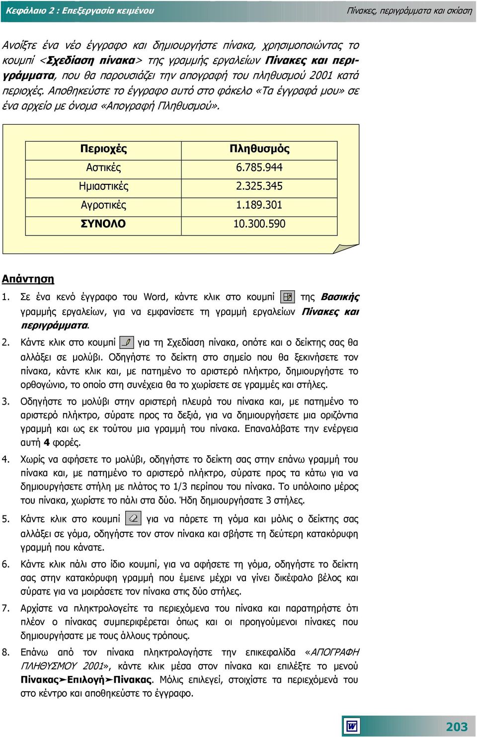 345 Αγροτικές 1.189.301 ΣΥΝΟΛΟ 10.300.590 Απάντηση 1. Σε ένα κενό έγγραφο του Word, κάντε κλικ στο κουµπί της Βασικής γραµµής εργαλείων, για να εµφανίσετε τη γραµµή εργαλείων Πίνακες και περιγράµµατα.