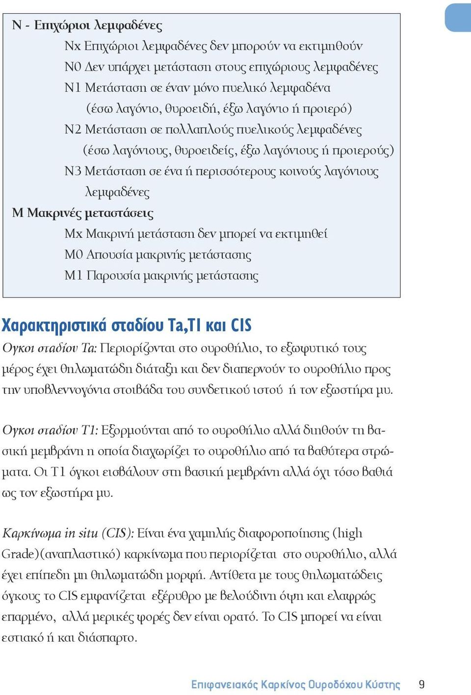 μεταστάσεις Μx Μακρινή μετάσταση δεν μπορεί να εκτιμηθεί Μ0 Απουσία μακρινής μετάστασης Μ1 Παρουσία μακρινής μετάστασης Χαρακτηριστικά σταδίου Ta,T1 και CIS Ογκοι σταδίου Ta: Περιορίζονται στο