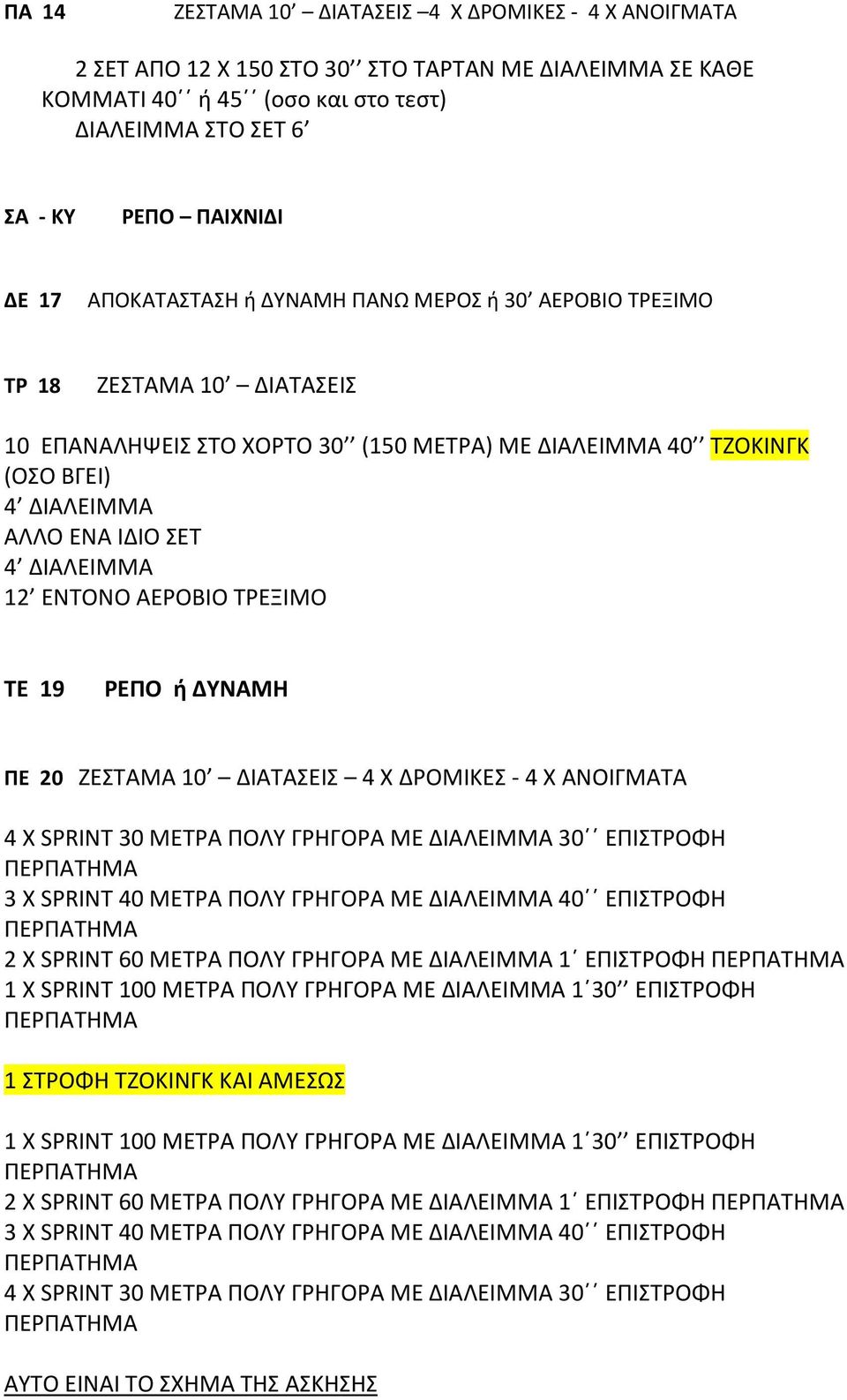 12 ΕΝΤΟΝΟ ΑΕΡΟΒΙΟ ΤΡΕΞΙΜΟ ΤΕ 19 ΡΕΠΟ ή ΔΥΝΑΜΗ ΠΕ 20 ΖΕΣΤΑΜΑ 10 ΔΙΑΤΑΣΕΙΣ 4 Χ ΔΡΟΜΙΚΕΣ - 4 Χ ΑΝΟΙΓΜΑΤΑ 4 Χ SPRINT 30 ΜΕΤΡΑ ΠΟΛΥ ΓΡΗΓΟΡΑ ΜΕ ΔΙΑΛΕΙΜΜΑ 30 ΕΠΙΣΤΡΟΦΗ 3 Χ SPRINT 40 ΜΕΤΡΑ ΠΟΛΥ ΓΡΗΓΟΡΑ ΜΕ