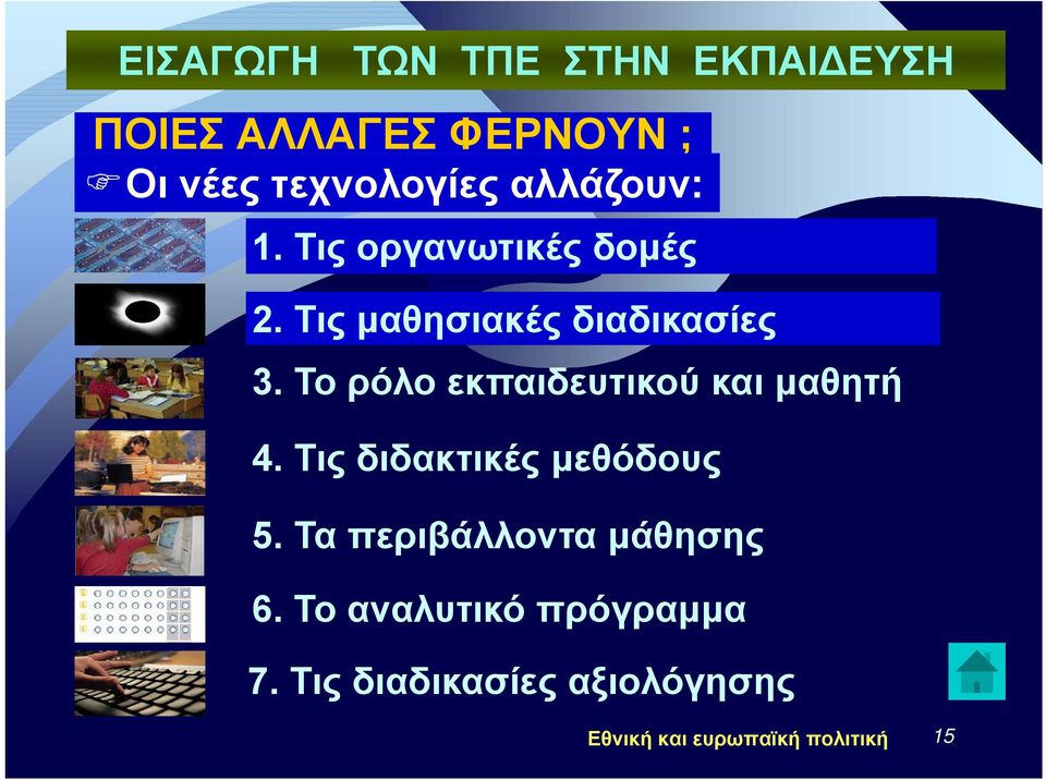 Το ρόλο εκπαιδευτικού και μαθητή 4. Τις διδακτικές μεθόδους 5.