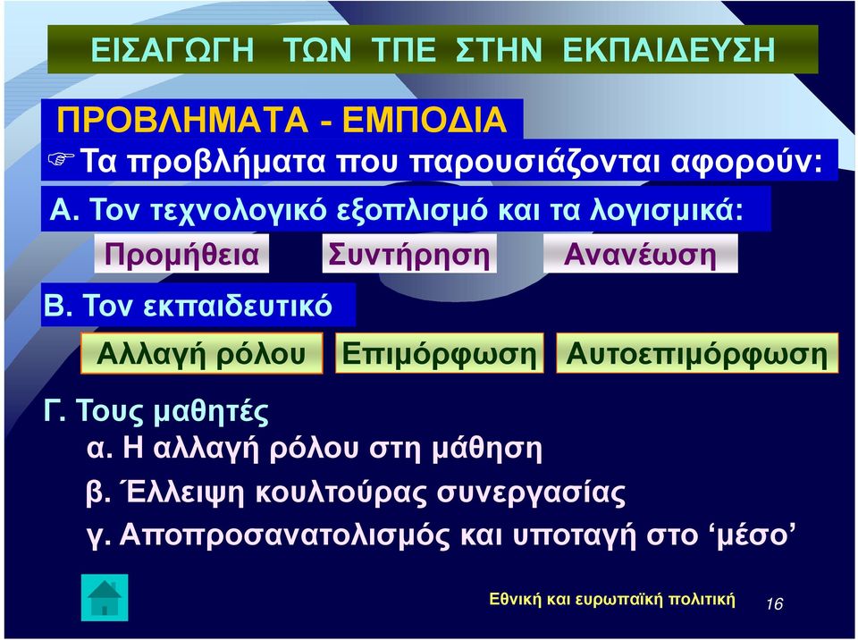 Τον εκπαιδευτικό Αλλαγή ρόλου Επιμόρφωση Αυτοεπιμόρφωση Γ. Τους μαθητές α.