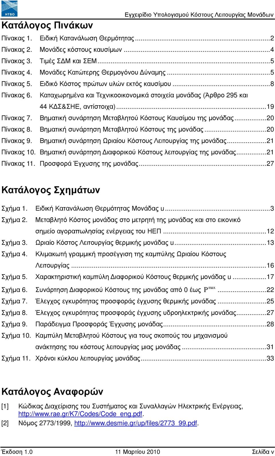 ..19 Πίνακας 7. Βηµατική συνάρτηση Μεταβλητού Κόστους Καυσίµου της µονάδας...20 Πίνακας 8. Βηµατική συνάρτηση Μεταβλητού Κόστους της µονάδας...20 Πίνακας 9.