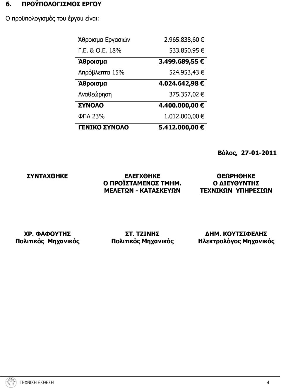 000,00 ΓΕΝΙΚΟ ΣΥΝΟΛΟ 5.412.000,00 Βόλος, 27-01-2011 ΣΥΝΤΑΧΘΗΚΕ ΕΛΕΓΧΘΗΚΕ Ο ΠΡΟΪΣΤΑΜΕΝΟΣ ΤΜΗΜ.