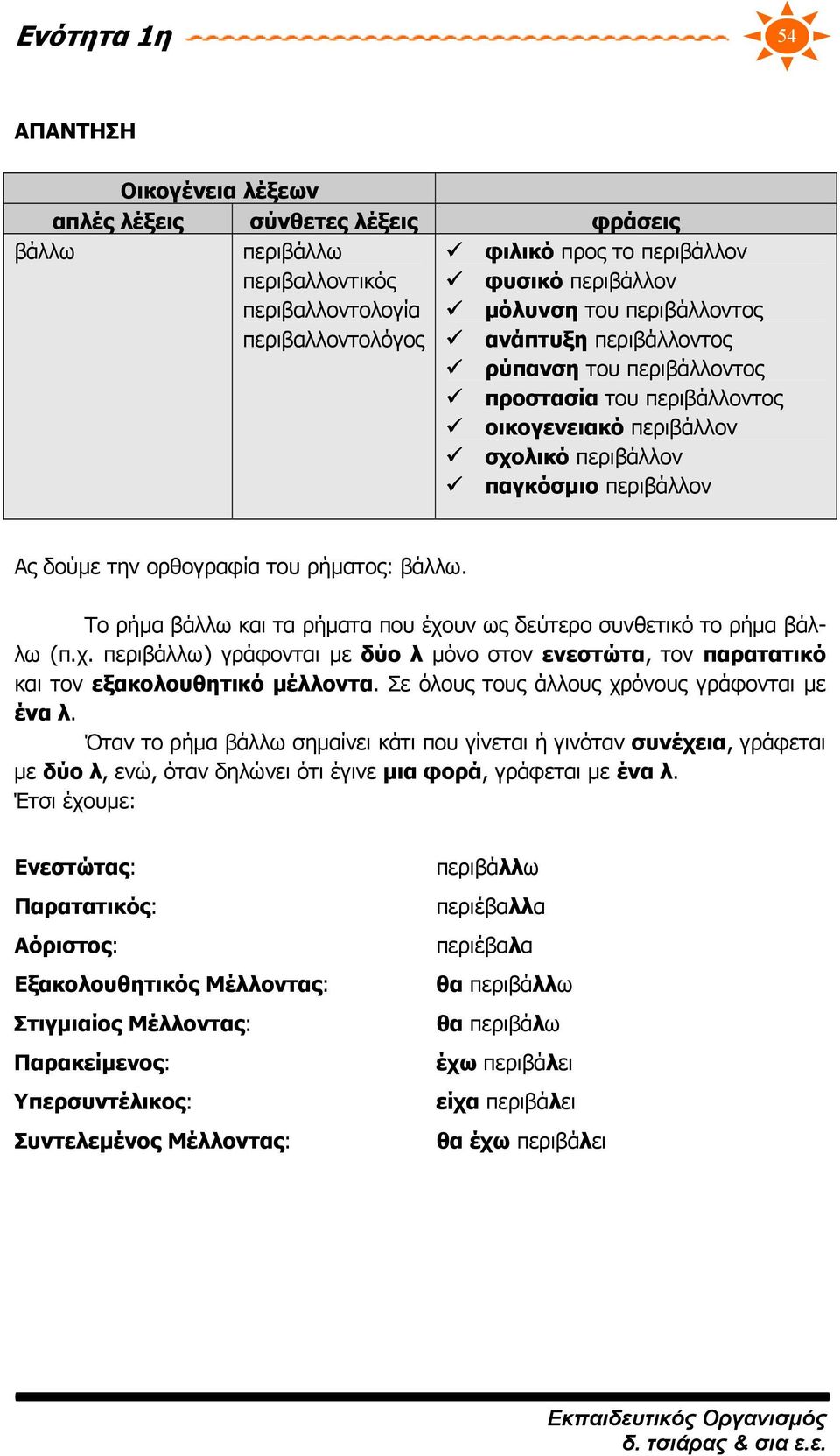 Το ρήμα βάλλω και τα ρήματα που έχουν ως δεύτερο συνθετικό το ρήμα βάλλω (π.χ. περιβάλλω) γράφονται με δύο λ μόνο στον ενεστώτα, τον παρατατικό και τον εξακολουθητικό μέλλοντα.