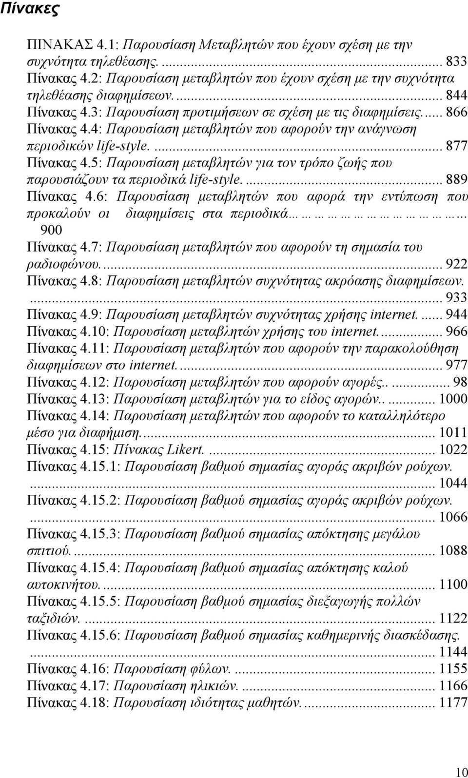 5: Παρουσίαση µεταβλητών για τον τρόπο ζωής που παρουσιάζουν τα περιοδικά life-style... 889 Πίνακας 4.6: Παρουσίαση µεταβλητών που αφορά την εντύπωση που προκαλούν οι διαφηµίσεις στα περιοδικά.