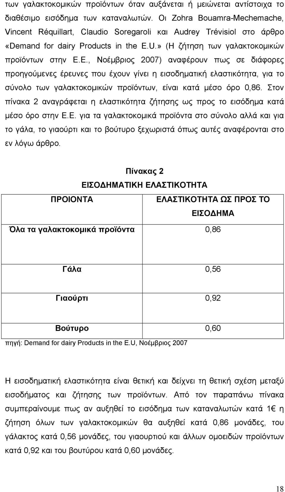 Ε., Νοέμβριος 2007) αναφέρουν πως σε διάφορες προηγούμενες έρευνες που έχουν γίνει η εισοδηματική ελαστικότητα, για το σύνολο των γαλακτοκομικών προϊόντων, είναι κατά μέσο όρο 0,86.