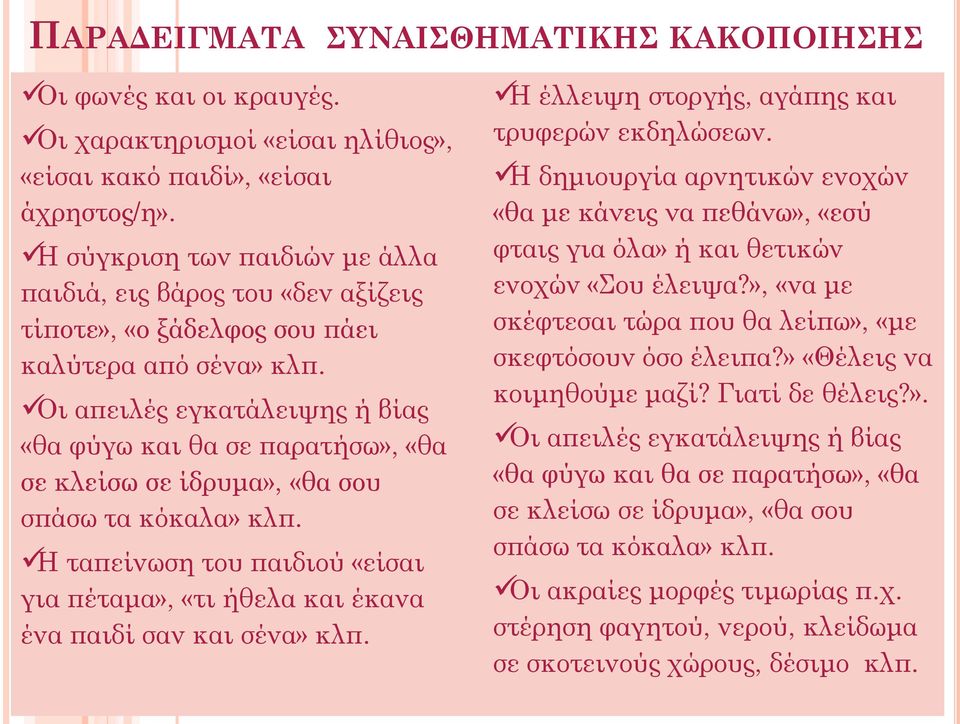 Οι απειλές εγκατάλειψης ή βίας «θα φύγω και θα σε παρατήσω», «θα σε κλείσω σε ίδρυμα», «θα σου σπάσω τα κόκαλα» κλπ.