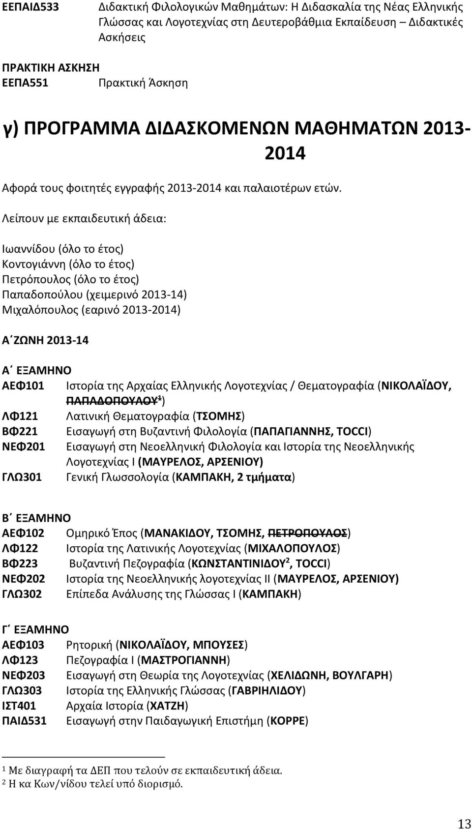 Λείπουν με εκπαιδευτική άδεια: Ιωαννίδου (όλο το έτος) Κοντογιάννη (όλο το έτος) Πετρόπουλος (όλο το έτος) Παπαδοπούλου (χειμερινό 2013-14) Μιχαλόπουλος (εαρινό 2013-2014) Α ΖΩΝΗ 2013-14 A ΕΞΑΜΗΝΟ