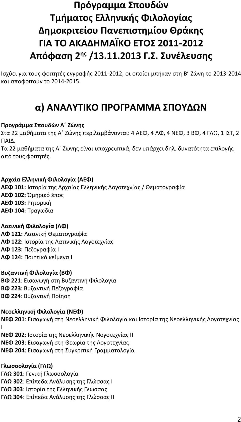 Τα 22 μαθήματα της Α Ζώνης είναι υποχρεωτικά, δεν υπάρχει δηλ. δυνατότητα επιλογής από τους φοιτητές.