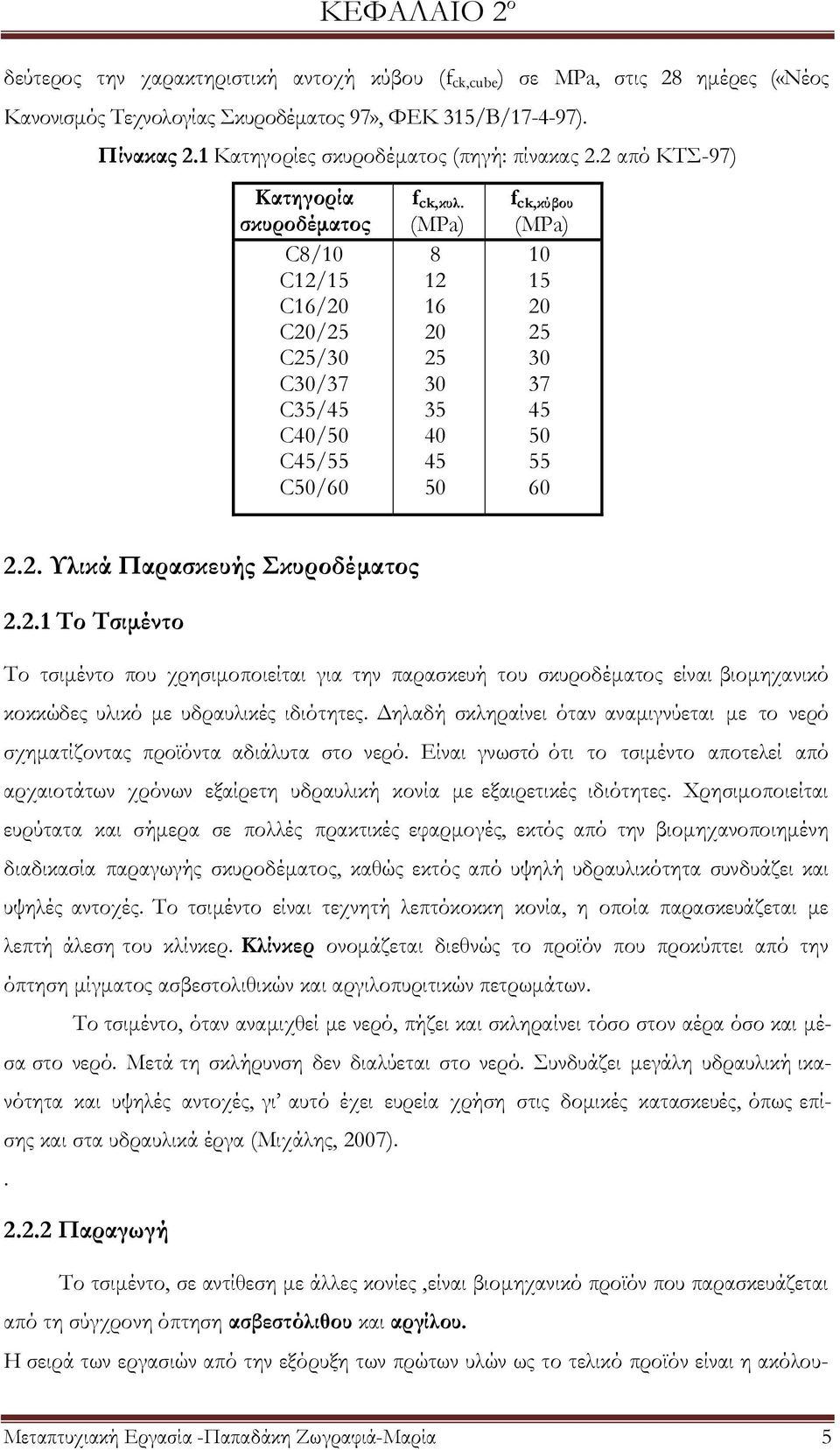 (MPa) 8 12 16 20 25 30 35 40 45 50 f ck,κύβου (MPa) 10 15 20 25 30 37 45 50 55 60 2.2. Υλικά Παρασκευής Σκυροδέματος 2.2.1 Το Τσιμέντο Σο τσιμέντο που χρησιμοποιείται για την παρασκευή του σκυροδέματος είναι βιομηχανικό κοκκώδες υλικό με υδραυλικές ιδιότητες.