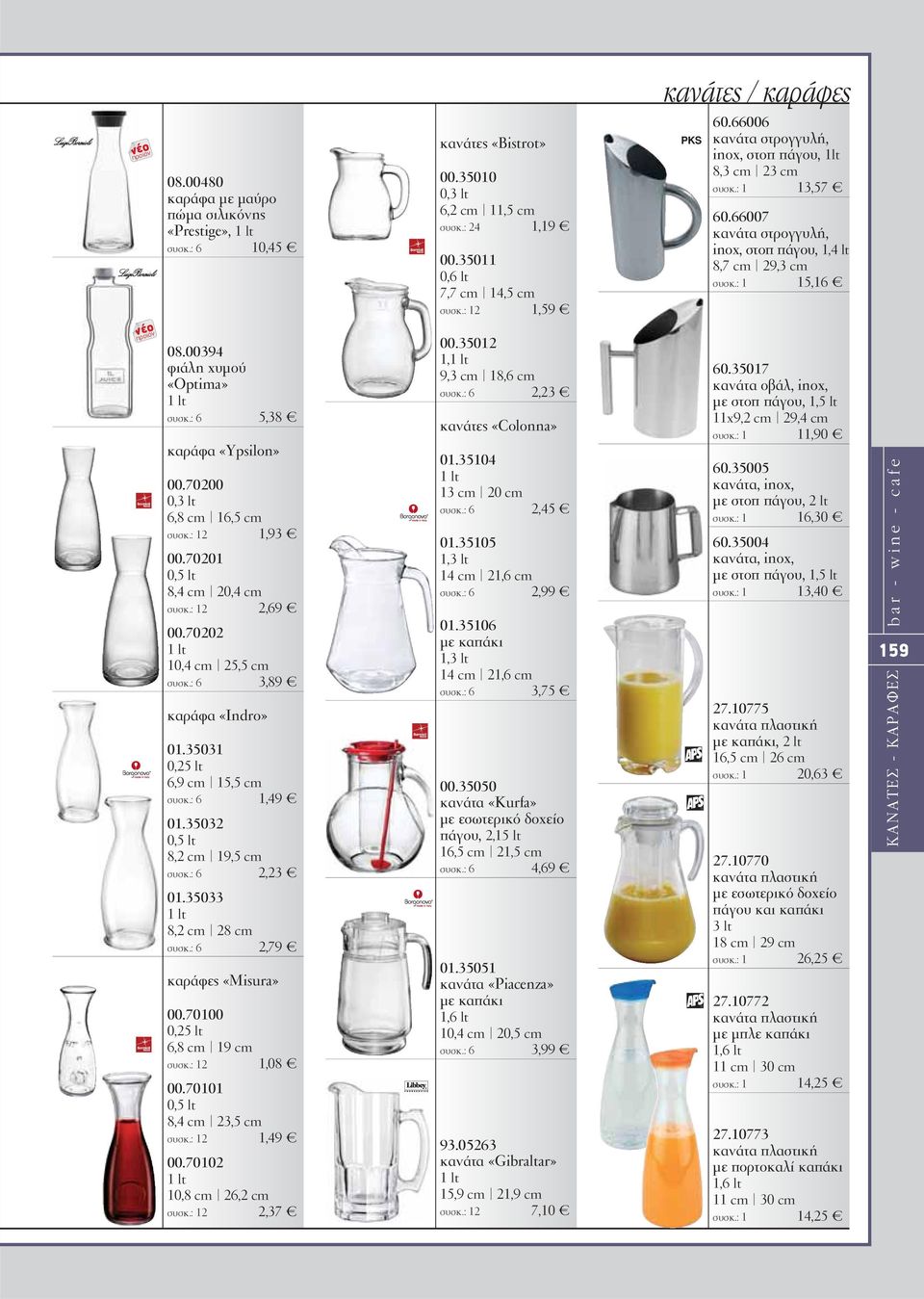 35033 1 lt 8,2 cm 28 cm συσκ.: 6 2,79 καράφες «Misura» 00.70100 0,25 lt 6,8 cm 19 cm συσκ.: 12 1,08 00.70101 0,5 lt 8,4 cm 23,5 cm συσκ.: 12 1,49 00.70102 1 lt 10,8 cm 26,2 cm συσκ.