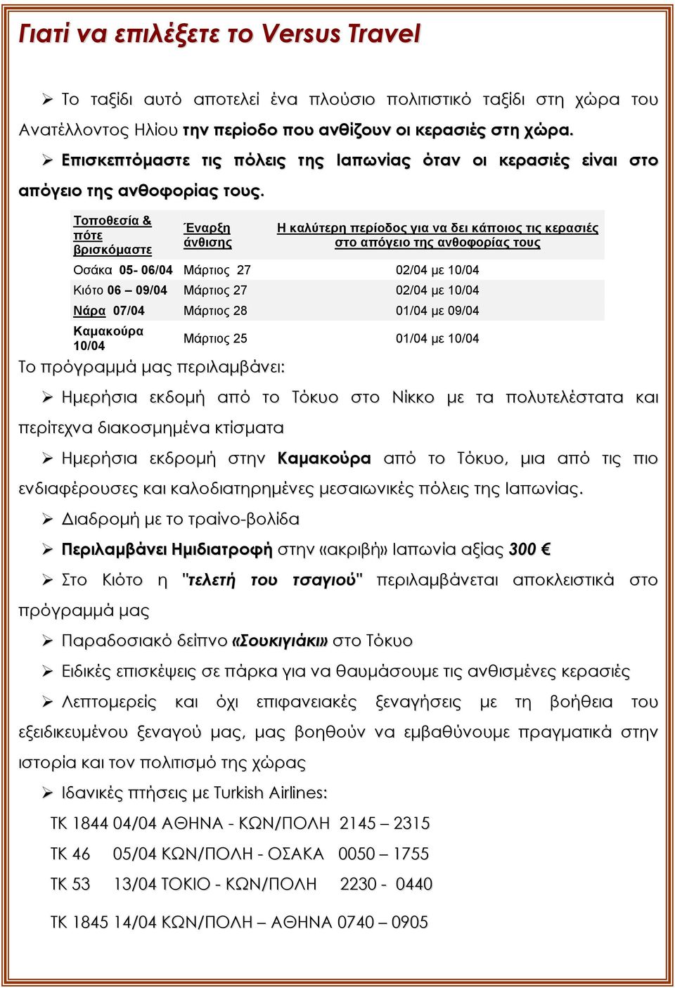 Τοποθεσία & πότε βρισκόμαστε Έναρξη άνθισης Η καλύτερη περίοδος για να δει κάποιος τις κερασιές στο απόγειο της ανθοφορίας τους Οσάκα 05-06/04 Μάρτιος 27 02/04 με 10/04 Κιότο 06 09/04 Μάρτιος 27