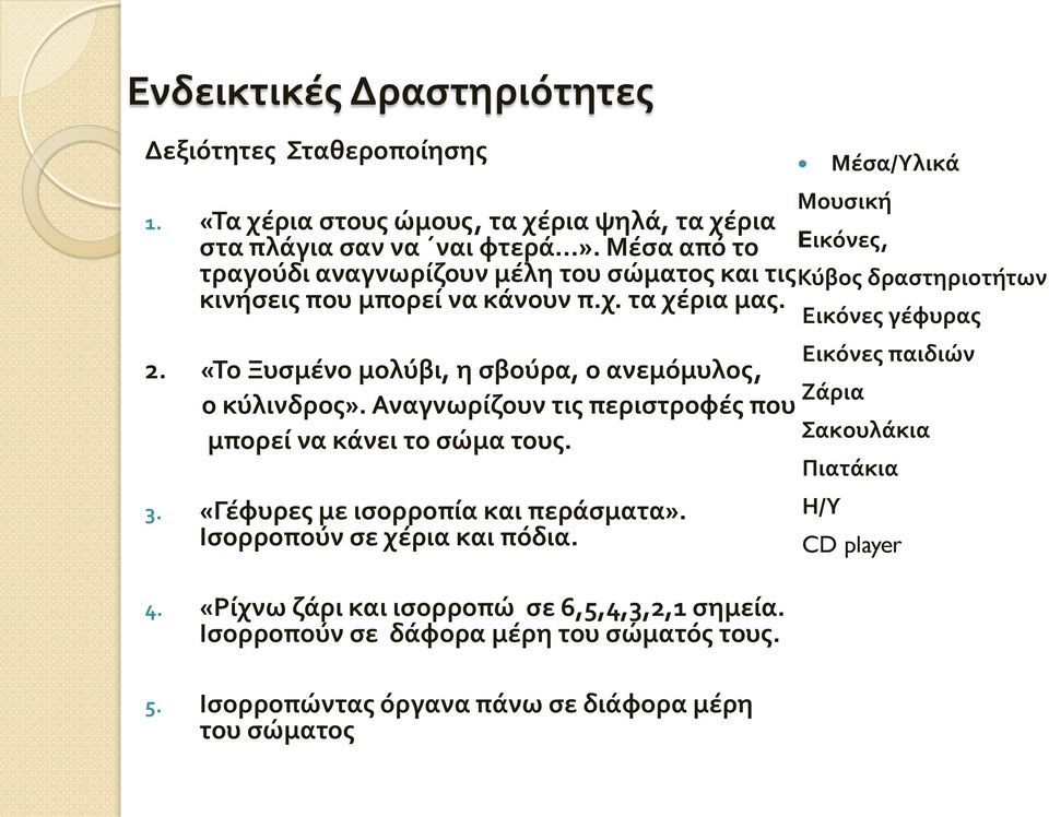 Αναγνωρίζουν τις περιστροφές που μπορεί να κάνει το σώμα τους. 3. «Γέφυρες με ισορροπία και περάσματα». Ισορροπούν σε χέρια και πόδια. 4.