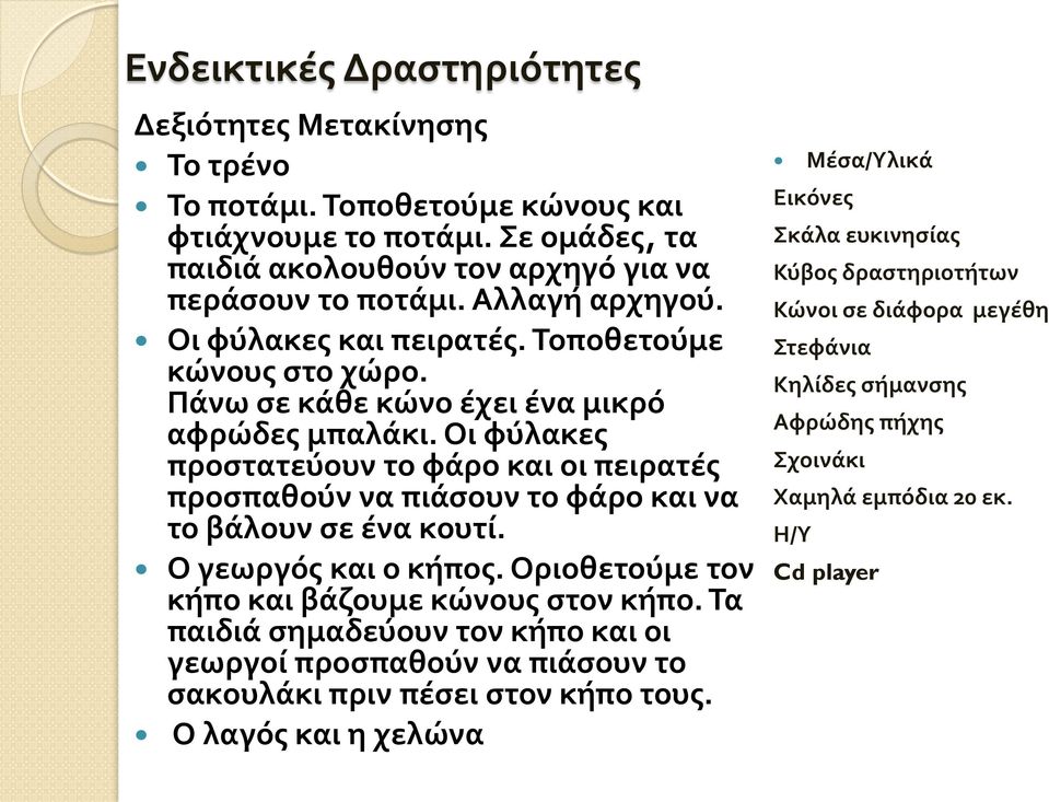 Οι φύλακες προστατεύουν το φάρο και οι πειρατές προσπαθούν να πιάσουν το φάρο και να το βάλουν σε ένα κουτί. Ο γεωργός και ο κήπος. Οριοθετούμε τον κήπο και βάζουμε κώνους στον κήπο.