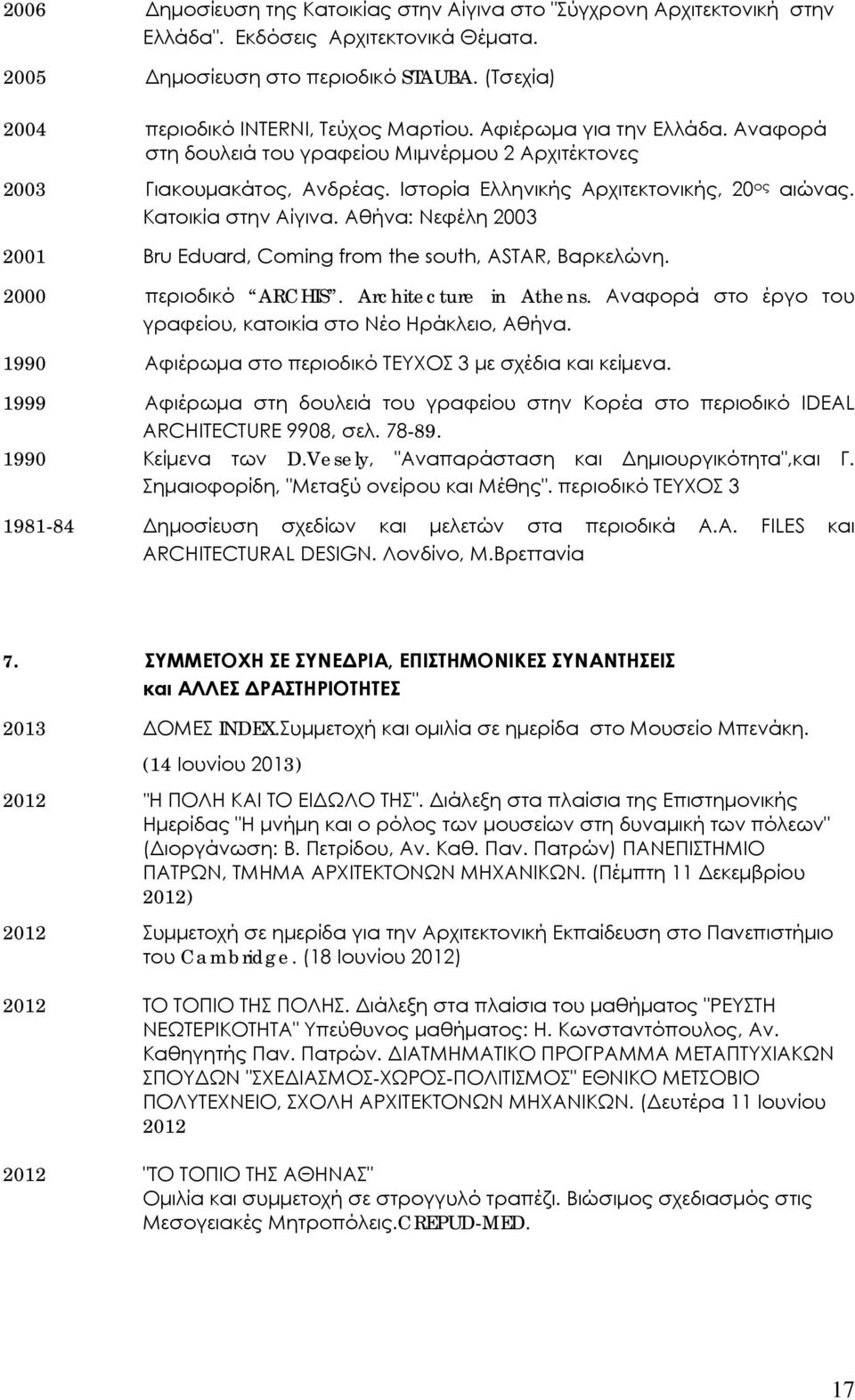 Ιστορία Ελληνικής Αρχιτεκτονικής, 20 ος αιώνας. Κατοικία στην Αίγινα. Αθήνα: Νεφέλη 2003 2001 Bru Eduard, Coming from the south, ASTAR, Βαρκελώνη. 2000 περιοδικό ARCHIS. Architecture in Athens.